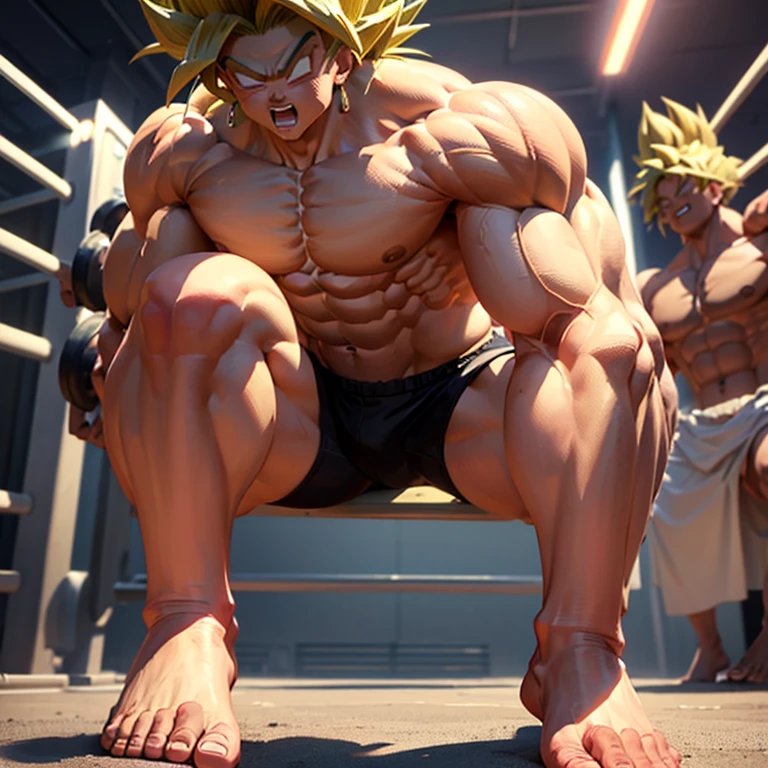 (Eine detaillierte Zeichnung von Son Goku, bodybuilding gym.), shirtless, barefoot