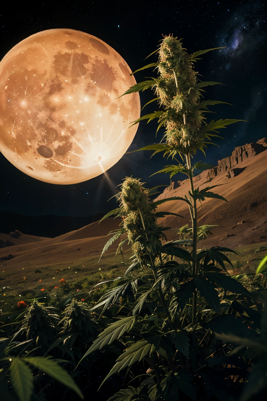 Alien cannabis jungle, in space, psychedelic, magical glow, galaxy background, energy, massive bright moon and planets, moon light