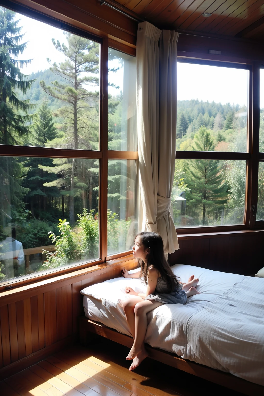 There is a luxury modern hotel in the forest,The hotel room has large floor-to-ceiling windows,There are children playing under the window,The sun is shining down,Warm