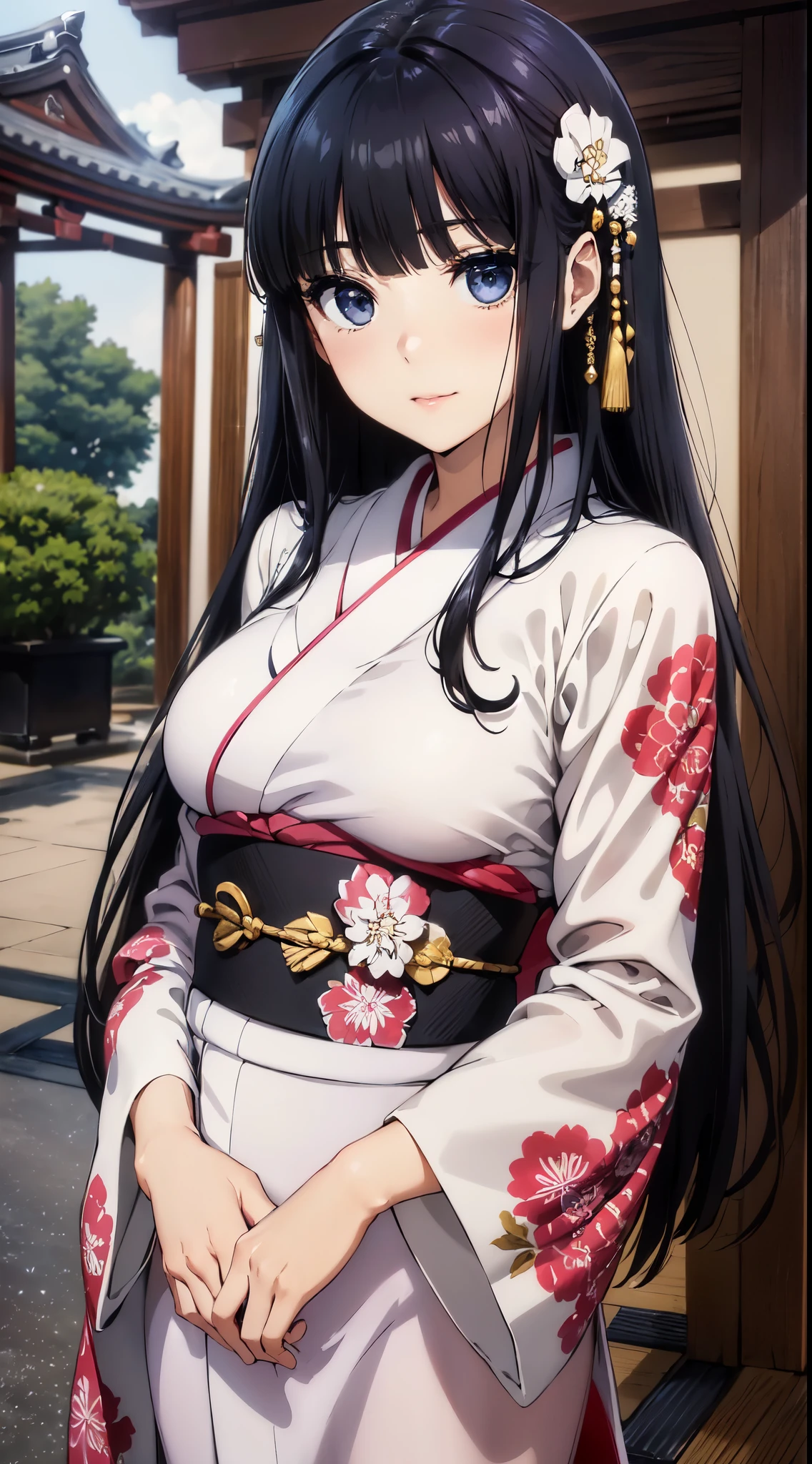 (​masterpiece:1.5),(very precise details,Ultra High Resolution:1.4),the Extremely Detailed CG Unity 8K Wallpapers,(Realistic,Photorealsitic,hyper realisitic:1.5),(Hair is medium straight:1.4),(anime eyes,shinny eyes:1.3),(Curve,Model,Farbe care:1.5),Beautiful breasts,Farbe_aberration,beautiful detailed shadow,Beautiful eyes,Beautiful body,Beautiful skin,beautifull hands,(A white long-sleeved kimono with a luxurious and mysterious floral pattern:1.5),(white and gold kimono obi:1.4),(new year shrines:1.4),(outside of house:1.4),shrines,(An attractive illustration of an 18-year-old young woman wearing neat Japanese clothes:1.4),(japanes:1.3),(white hair ornament:1.4),(Beautiful standing figure,standing straight,(A dark-haired,Black eye,Medium straight hair:1.4),(Tsuriformes:1.4),(Thin Eyes:1.4),Detailed long hair,with exquisite details, 彼女のCurveを強調する、Leaves little to the imagination, cascading down her shoulders,(gently smiling:1.3),(A dark-haired:1.4),(Blunt bangs:1.4),(Seductive look:1.4),(Bangs are the same length:1.3),