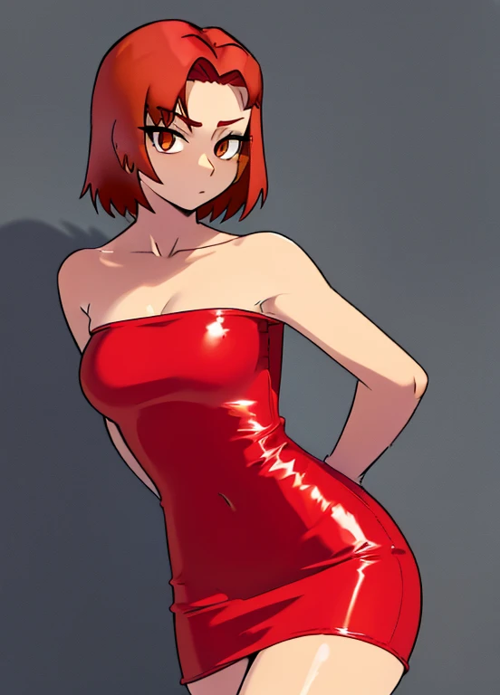 girl, standing, red_strapless_dress, chocker, large_breasts, red_hair, short_hair, shiny_skin, arms_behind_back, solo, simple_background, looking_at_viewer,
from_front, straight_on,