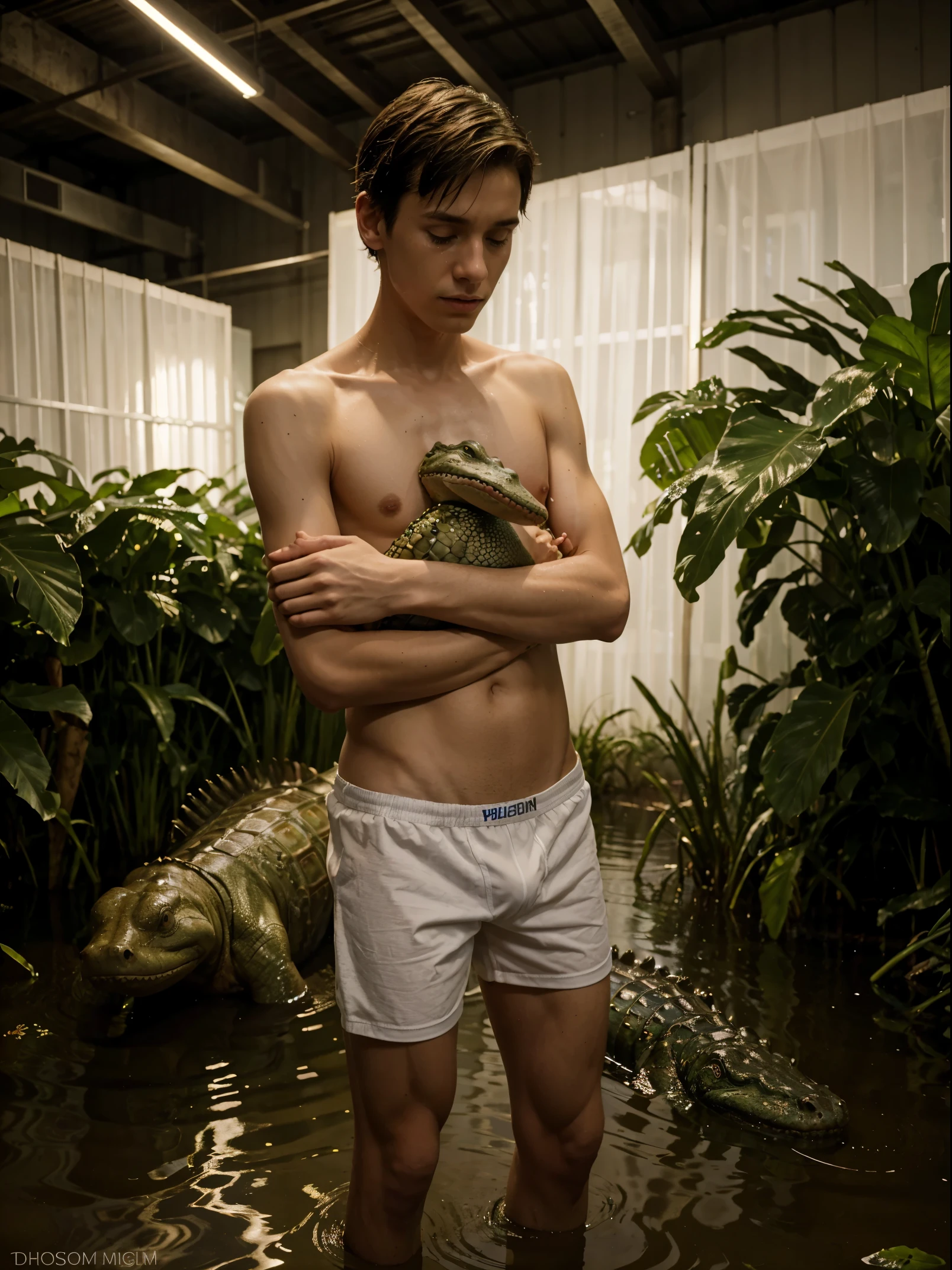 photorealistic full body picture of a skinny boy crying and holding an alligator in his arms. There are fluorescent lights on stands all around him. He is wearing white underwear and standing in a swamp at dusk.