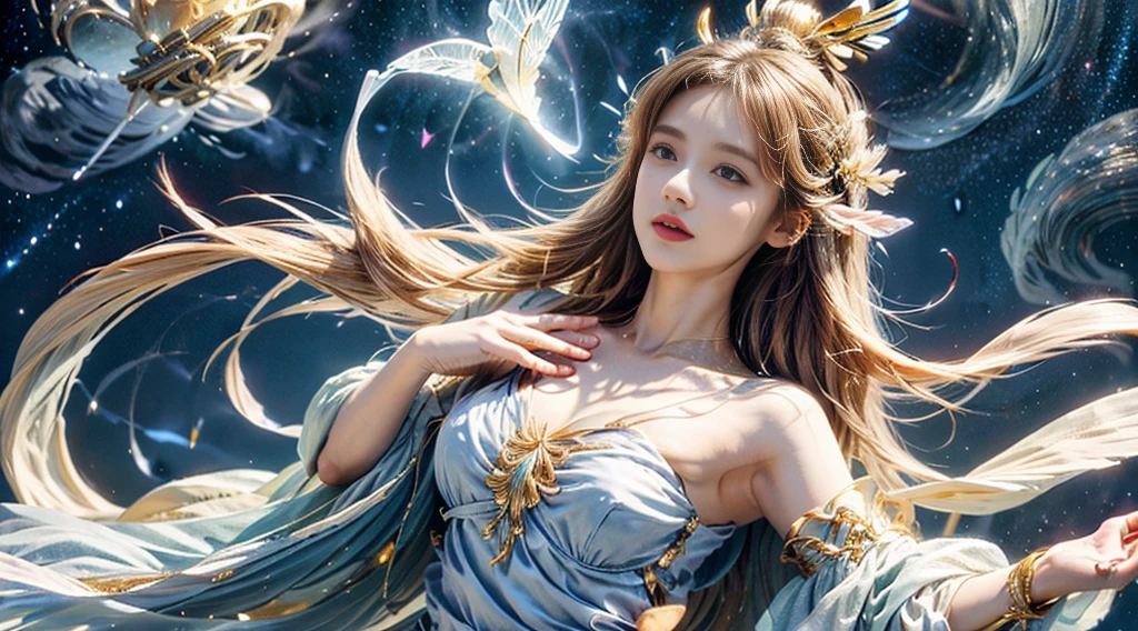 A fairy,satin gauze gown,Fringed Hair Ornament,Long white hair,Big chest,Charming side face,A noble gesture,Faraway view,8k,Flying on one leilky Way starry sky background,Fairy spirit fluttering halo