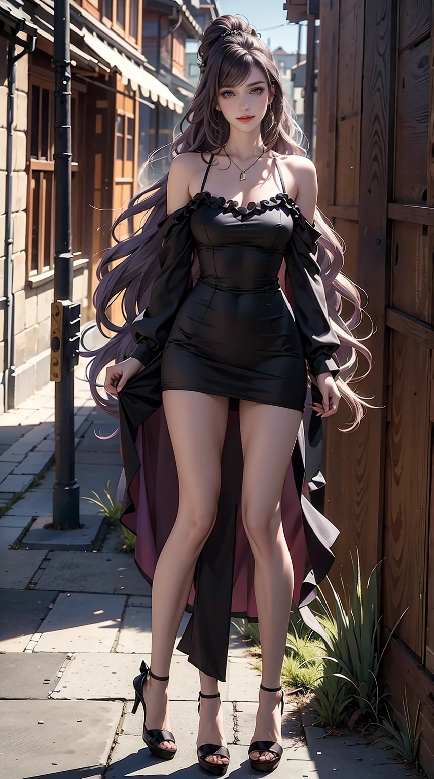 24-year-old Caucasian woman、Hair color is a gradation of brunette and purple、Hair is wavy、Eye color is blue、Longhaire、A slender、a smile、Beautiful breasts、A slenderだが均整の取れた細マッチョな身体、wearing a frilly blouse、She's wearing a frilly arm dress、I'm wearing jeans、I'm wearing high heels、I'm in an alley in an old town on top of a small mountain in Europe.、a smile、I'm wearing a hair ornament、setting hair