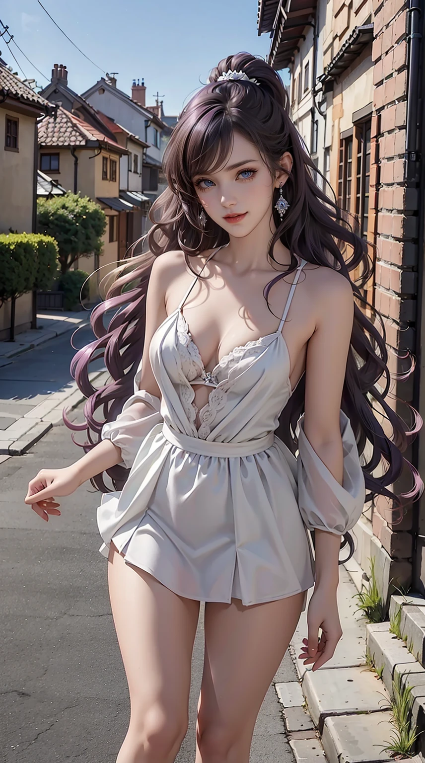 24-year-old Caucasian woman、Hair color is a gradation of brunette and purple、Hair is wavy、Eye color is blue、Longhaire、A slender、a smile、Beautiful breasts、A slenderだが均整の取れた細マッチョな身体、wearing a frilly blouse、She&#39;s wearing a frilly arm dress、I'm wearing jeans、I'm wearing high heels、I&#39;m in an alley in an old town on top of a small mountain in Europe.、a smile、I'm wearing a hair ornament、setting hair