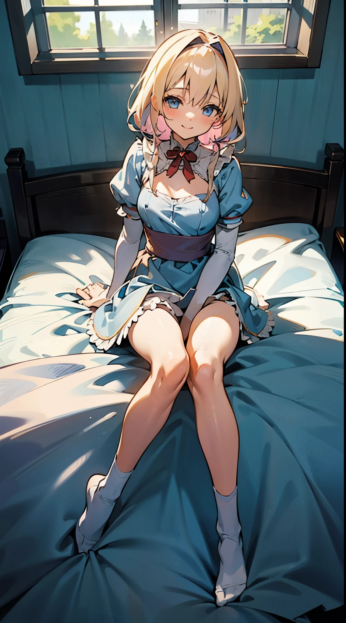 anime styled, The ultra -The high-definition, alice in the wonderland, Super cute girl, a blond, Long, shame, A sweet inviting smile, Light blue fluttering short dress, frilldの付いた白いエプロンスカートを重ねる, frilld, B-cup breasts, Light blue fluttering mini skirt, The socks are long white knee-high socks that go from the toes to mid-thigh., and draw the full body, Inside an old Western-style building, absurd worldview, window where bright sunlight shines through, Her clothes are a little disarrayed and her breasts are exposed., Lie down on the bed, Lying down and looking at me, Lying Pose, Reach out to the camera,legs slightly apart, Her clothes are a little messed up and her breasts are showing., Draw the nipples too, The crotch is visible from the hem of the skirt, A thin pubic hair on the crotch