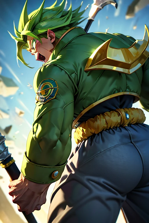 Highly detailed, (masterpiece), best quality, expressive eyes, perfect face, 1man, Long Spiky Raising Hair, Super Saiyan Green hair, green eyes, Bulky Body Builder Masculine body, Green leather Jacket & Jeans, Holding a Gigantic Battle Axe Spear Hammer, combat boots, full body, back view
