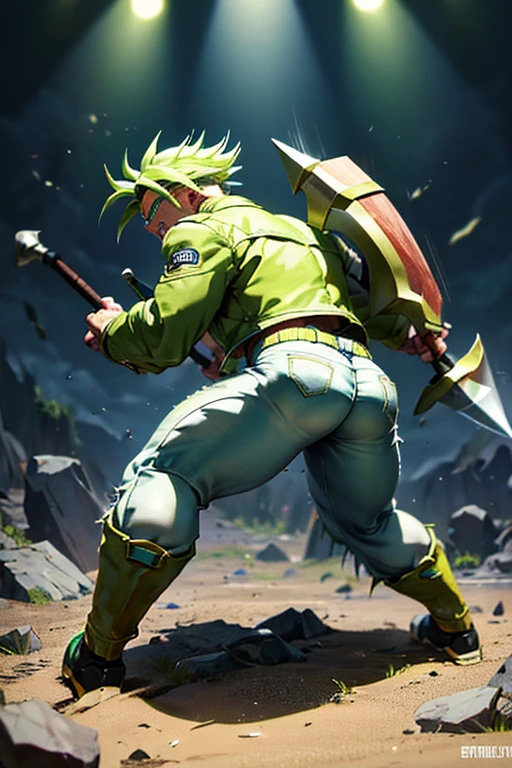 Highly detailed, (masterpiece), best quality, expressive eyes, perfect face, 1man, Long Spiky Raising Hair, Super Saiyan Green hair, green eyes, Bulky Body Builder Masculine body, Green leather Jacket & Jeans, Holding a Gigantic Battle Axe Spear Hammer, combat boots, full body, back view