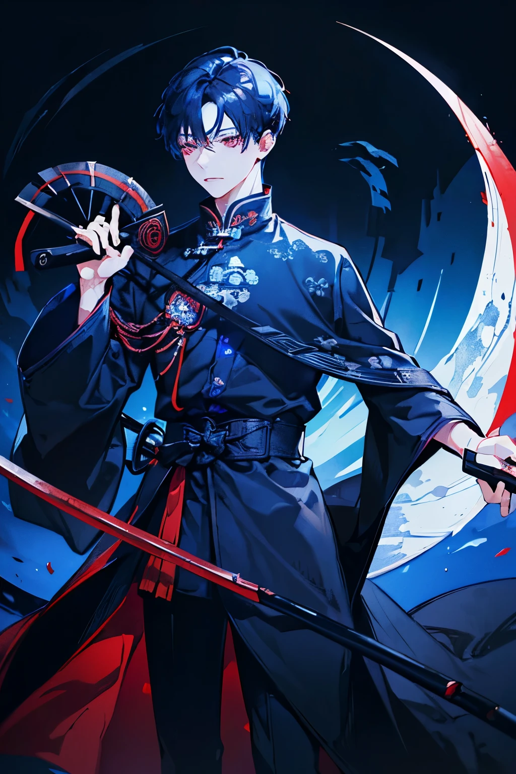 (masutepiece), (Best Quality), Highly detailed, 1 boy, Solo Focus, Perfect face, Beautiful face, extra detailed face，(darkblue hair，short-hair:1.4)，(red eyes:1.4)，(black chinese style clothes:1.3)，(Black cloak:1.3)，(Holding a scythe:1.4)，facing front