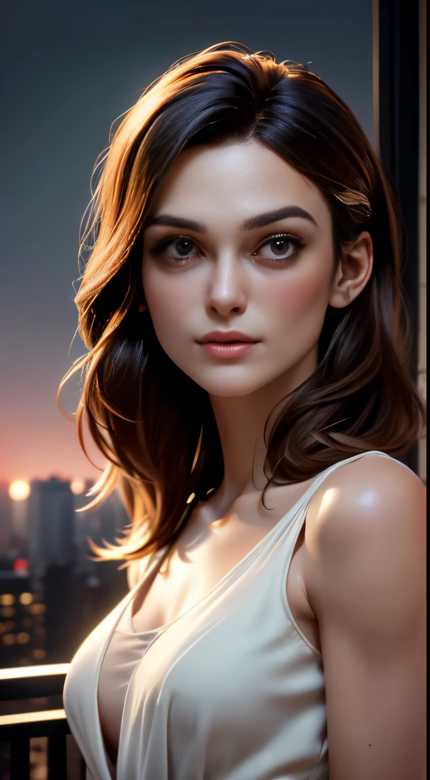 photo of Keira Knightley, RAW, beautiful woman, ((portrait)), ((detailed face:1.2)), ((detailed facial feature, detailed skin, clear skin), (perfect proportioned body, medium breasts), (wearing a stylish dress) (high detailed city environment, apartment balcony), (realistic photo, best quality, detailed), (8k wallpaper), (cinematic lighting, dramatic lighting) (sharp focus, intricate)