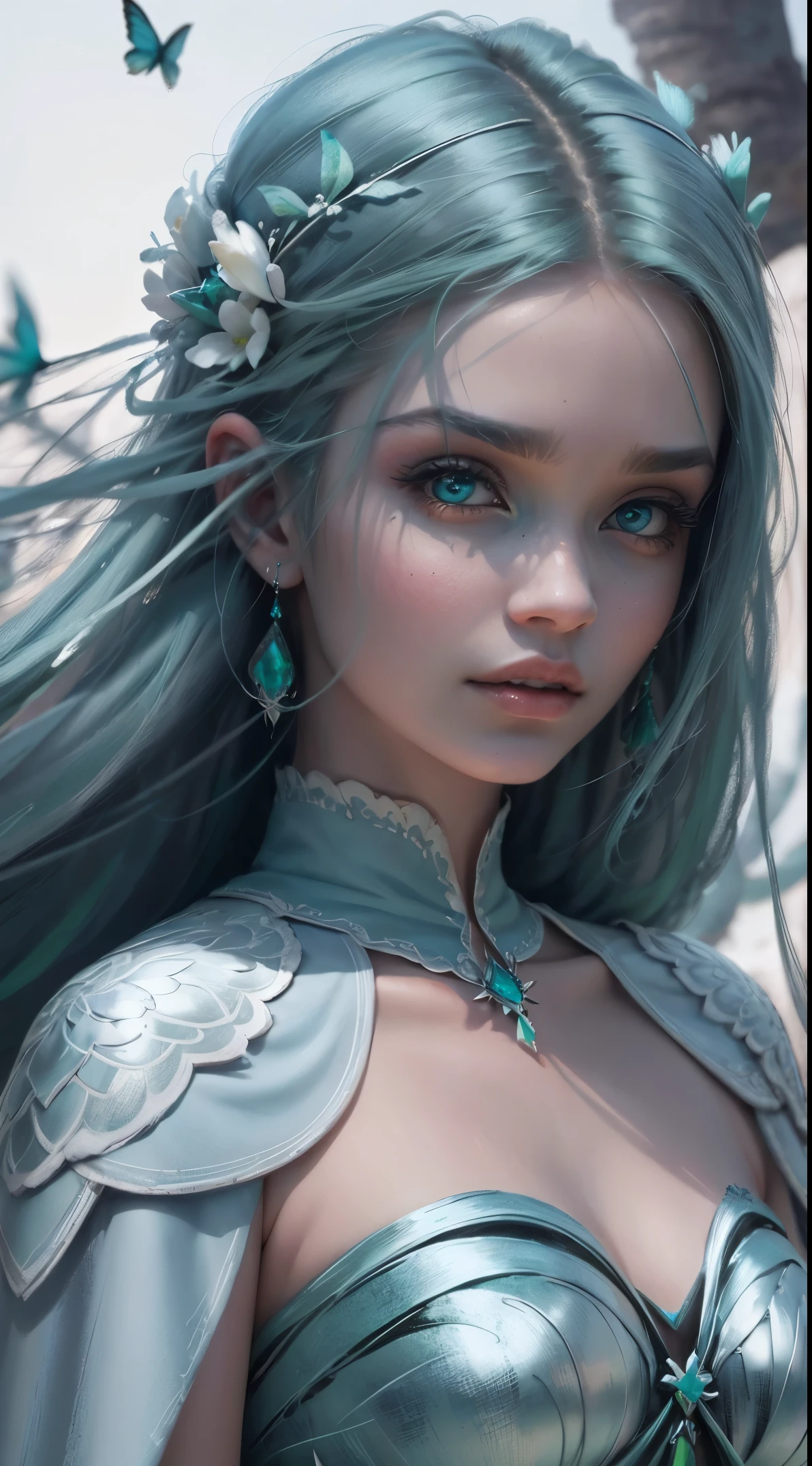 uma mulher andando sobre a neve, seus cabelos azul voando com o vento, os olhos verde brilhante olhando para tulipas vermelho com borboleta cintilantes a sua volta, mulher de cabelo azul
