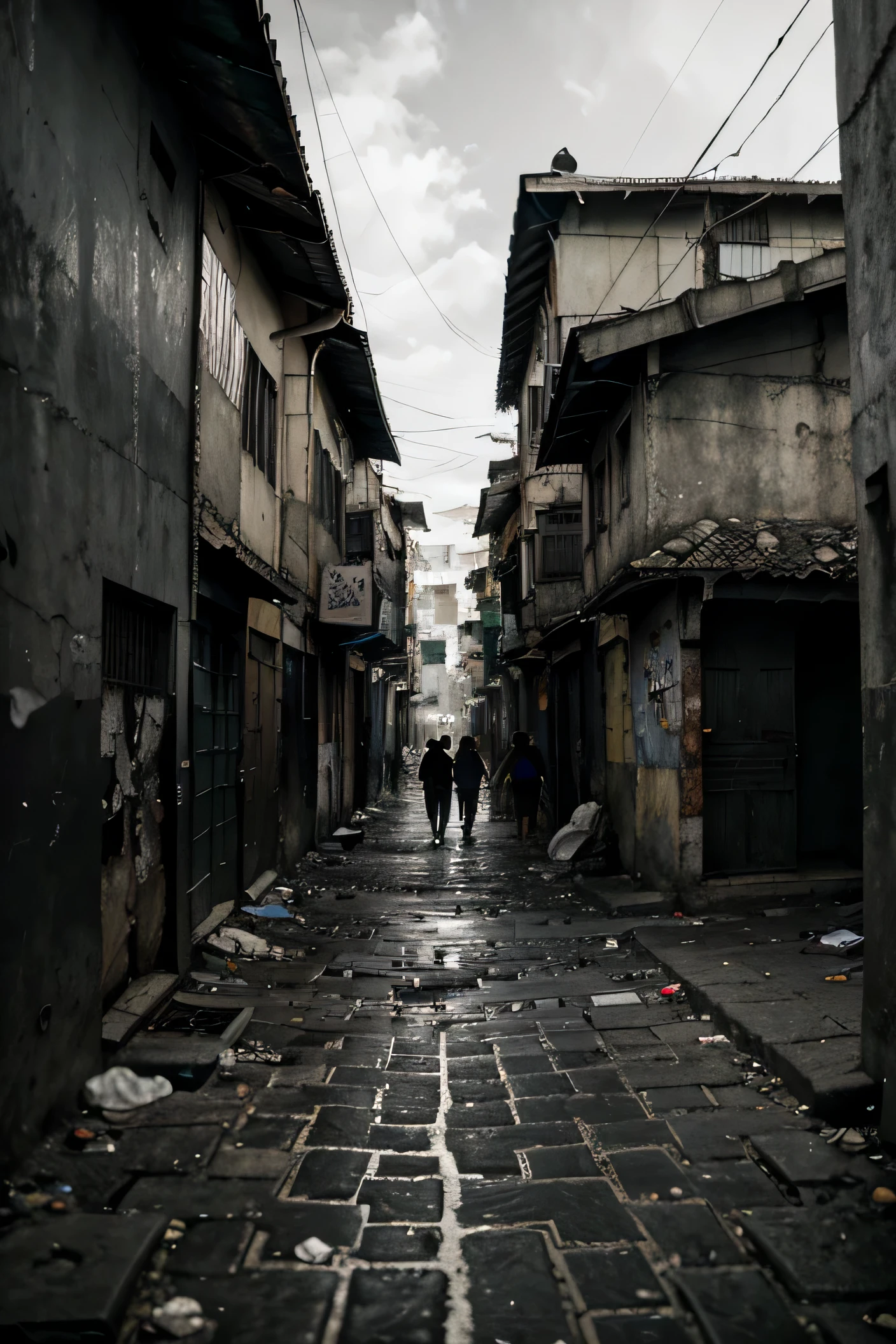 (Altas,Realistic)preto e branco, Favelas, vielas estreitas, São Paulo, Brasil, paisagem urbana, pobreza, apinhado, atmosphric perspective, texturas arenosas, Dilapidated buildings, pavimentos irregulares, Vendedores ambulantes, contraste intenso, dramatic lighting