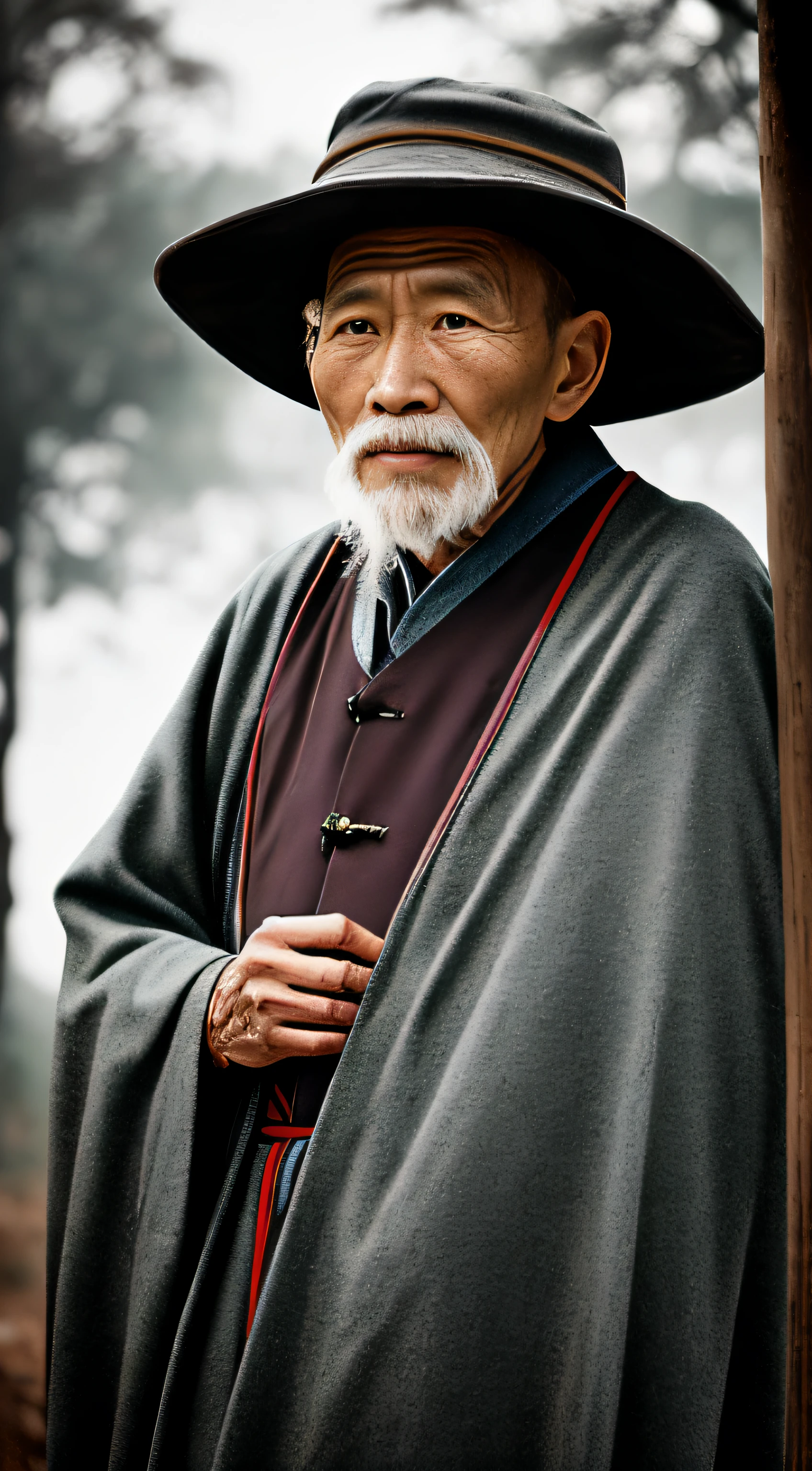 Portrait photography style, world masterpiece, super unique high professional digital art, film format, hyper-realism, color cinematography with ultra-fine details and quality, background is deep in the forest, an old man in rural China, an old man with wisdom. He wears an old cloak and his eyes are kind and shrewd. He was looking forward, his skin had been blackened and powerful by the sun and rain, and the wrinkles were fixed on the corners of his mouth and forehead,  it seem that his years had precipitated. Although wearing a dark gown, although  in appearance, it exudes sublime wisdom and a sense of tenacity of strength.