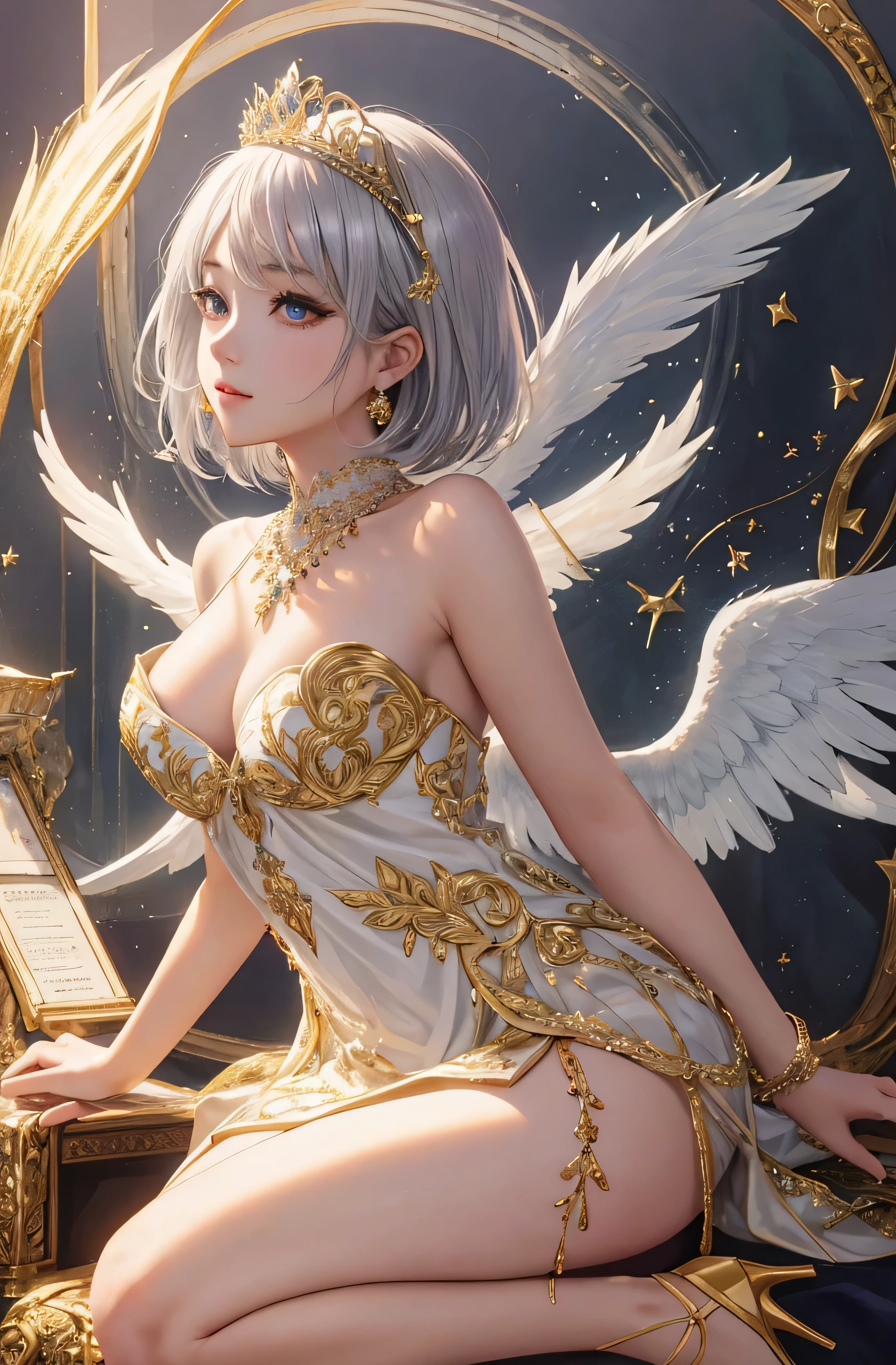 Castle in the distance、The face is front、Looking at the camera、profile、8K、realphoto、超A high resolution, Master Parts, Best Quality, nffsw , cinematic images,Lovely girl、ann、16 only、annグロサクソン、二重まぶた、drooing eyes、Very big eyes、Eyes purple、Dark eye shadow、The lips are very thin、The tip of the nose stretches beautifully.......、small nostrils,,,,, ighly detailed , Silver hair、Straight short hair、ssmile、 Sweet look 、a very beautiful woman、legs are long、 Very clear shadows , jewely , A sexy , A detailed eye, very intricate, shiny skins , パーフェクトブリリannト, Perfect Lighting, Dramatic shadows、White tiara on head、Gold necklace around the neck、White aristocratic dress with gold embroidery、Glass High Heels、Angel White Wings