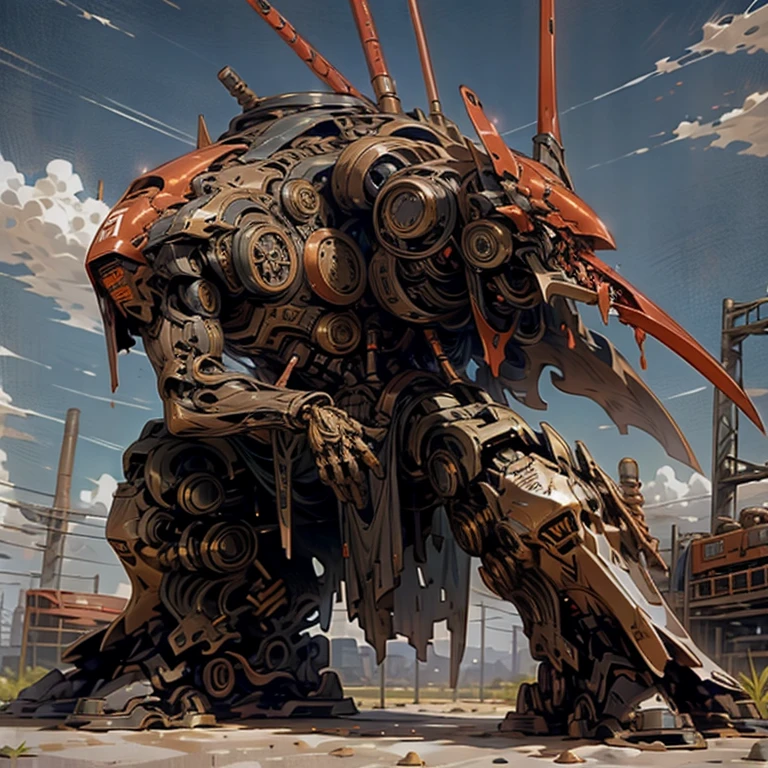 a rusty robot in the desert carrying a sword on its back looking for revenge