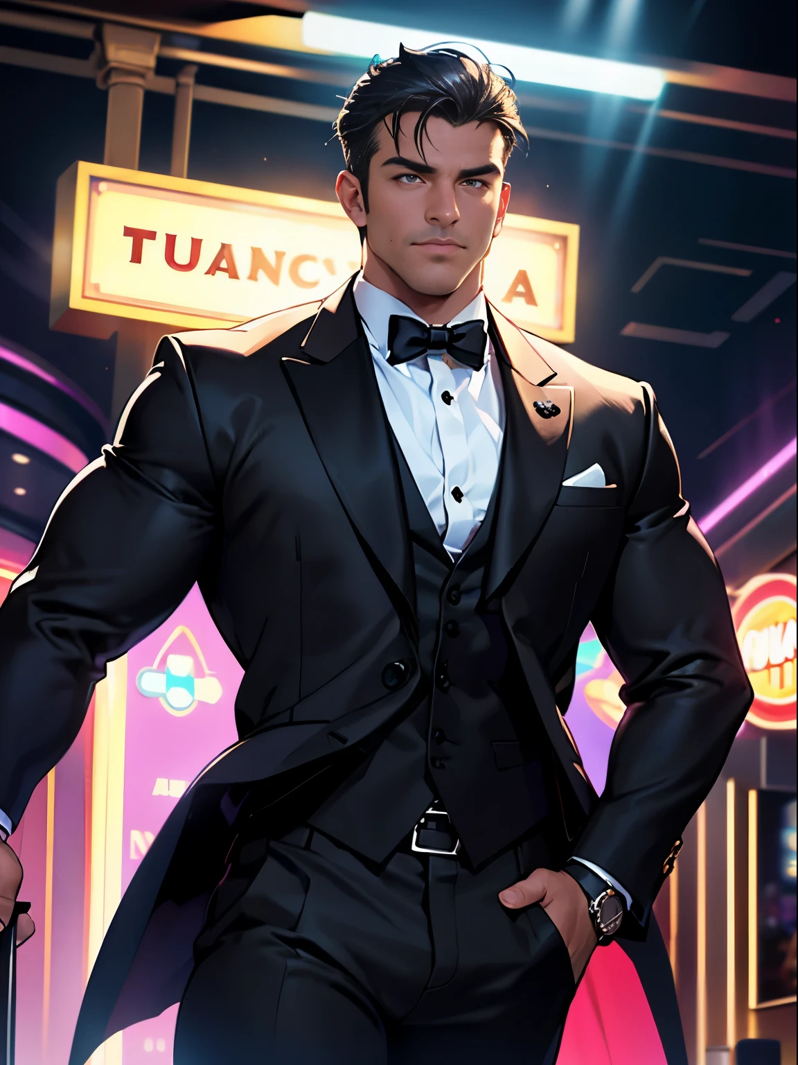 suave secret agent, muscular man, hunk, charming, attractive, black tuxedo, luxury casino background, mysterious aura, volumetric lighting, depth of field, best quality