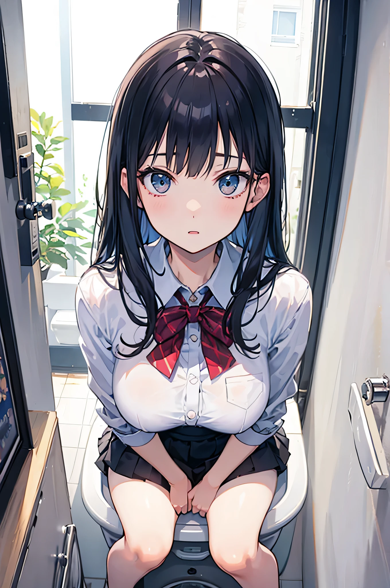 woman with toilet,masutepiece. High quality.. event scene.Toilet.Looking at Viewer.from the outside.From above.Sitting.White interior,Surprised expression.Front view..Sexy.partially visible.tiptoes