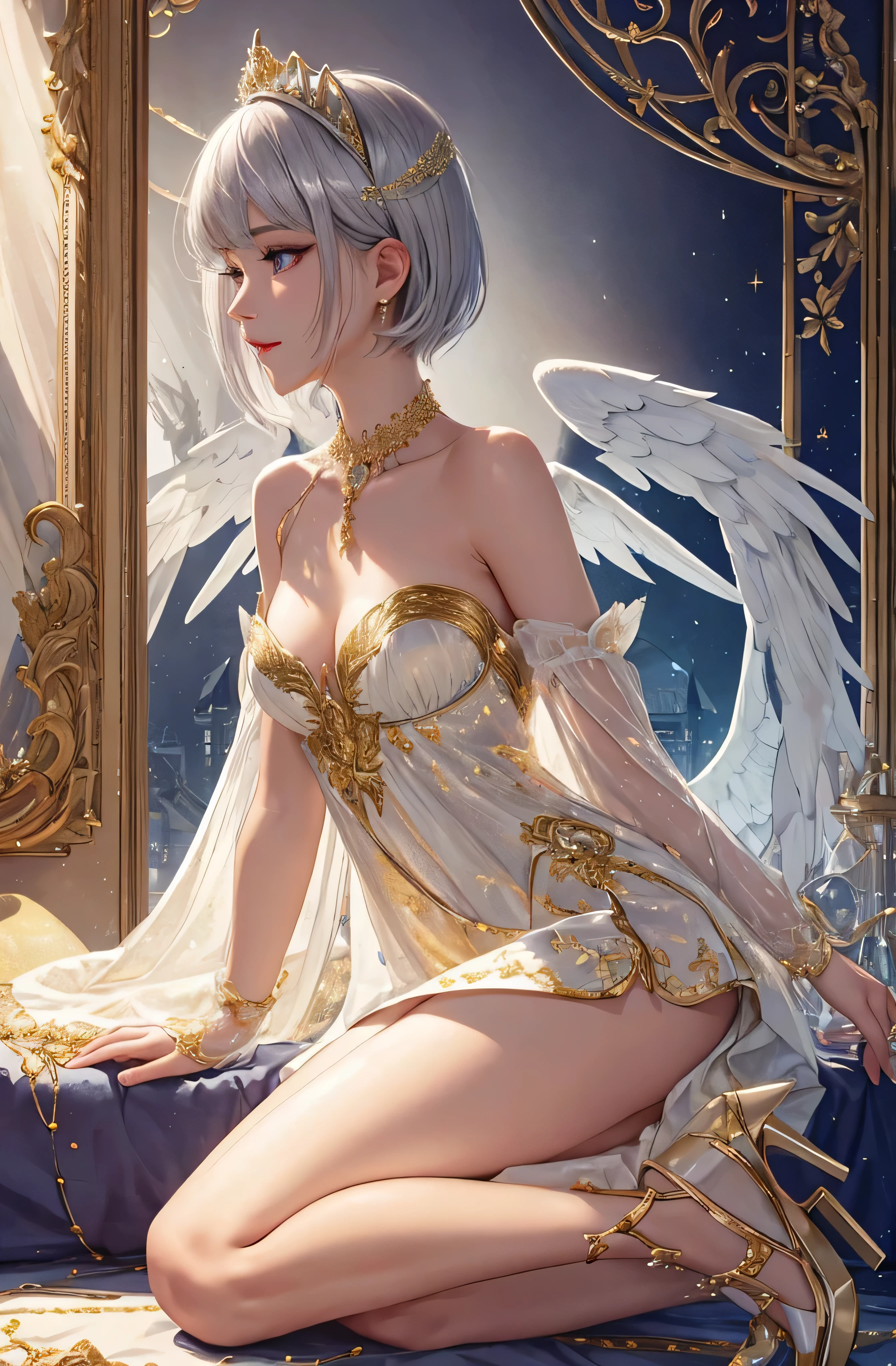 Castle in the distance、The face is front、Looking at the camera、profile、8K、realphoto、超A high resolution, Master Parts, Best Quality, nffsw , cinematic images,Lovely girl、ann、16 only、annグロサクソン、二重まぶた、drooing eyes、Very big eyes、Eyes purple、Dark eye shadow、The lips are very thin、The tip of the nose stretches beautifully.......、small nostrils,,,,, ighly detailed , Silver hair、Straight short hair、ssmile、 Sweet look 、a very beautiful woman、legs are long、 Very clear shadows , jewely , A sexy , A detailed eye, very intricate, shiny skins , パーフェクトブリリannト, Perfect Lighting, Dramatic shadows、White tiara on head、Gold necklace around the neck、White aristocratic dress with gold embroidery、Glass High Heels、Angel White Wings