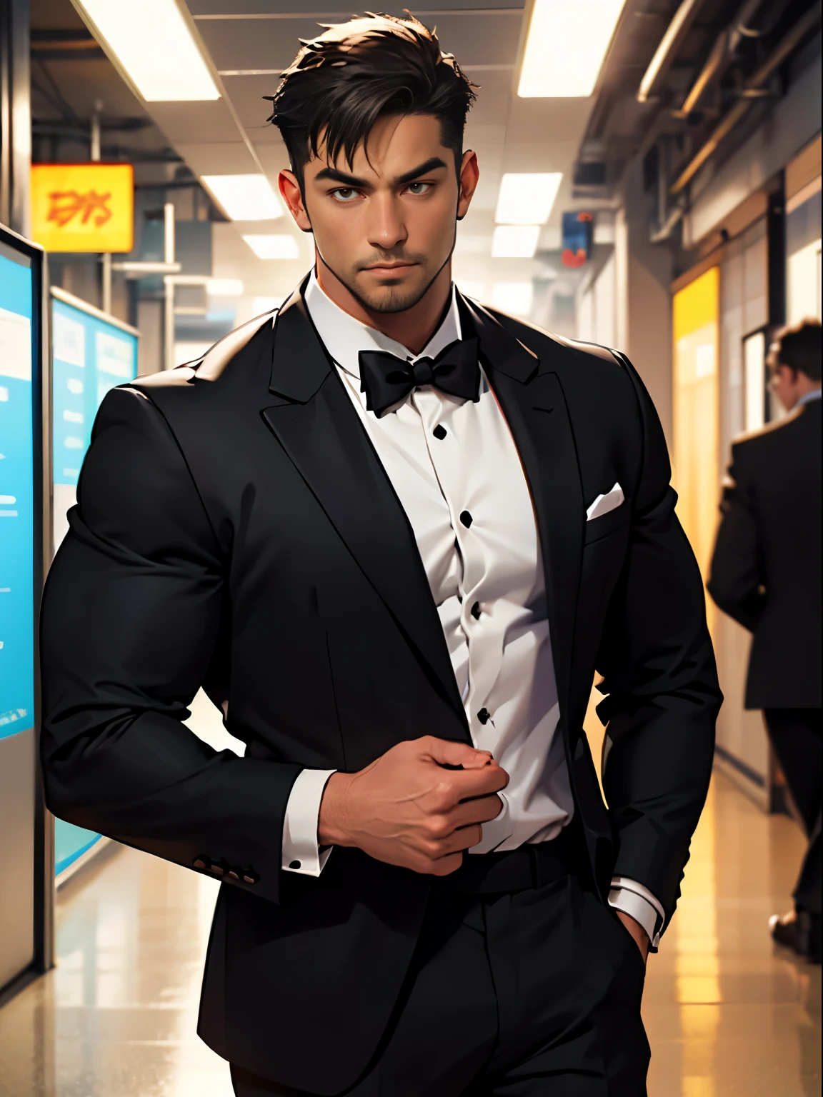 suave secret agent, muscular man, hunk, charming, attractive, black tuxedo, intelligence agency, mysterious aura, volumetric lighting, depth of field, best quality