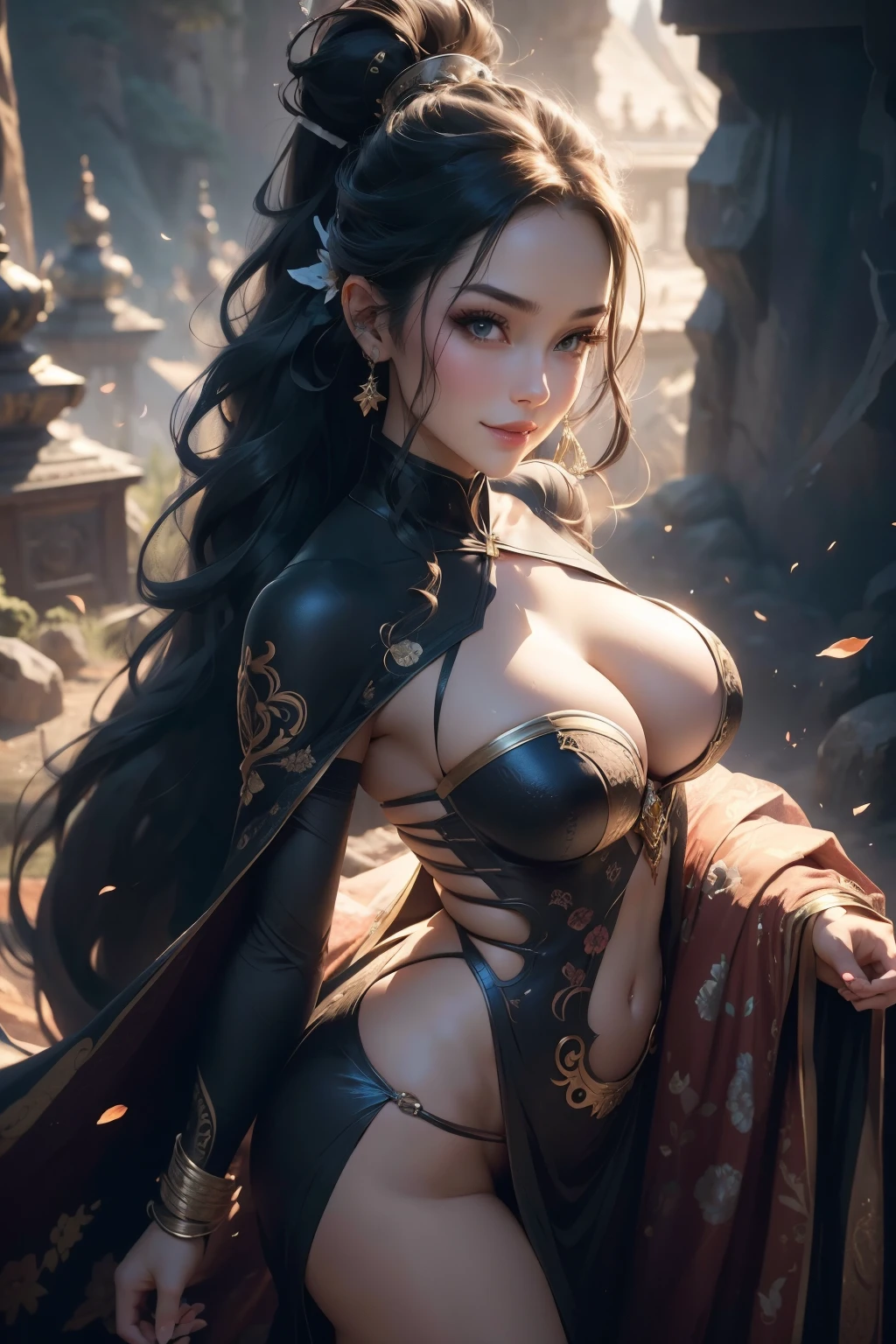 smiling wide with parted lips, a beautiful anime full-body glamour portrait of a kunoichi, goddess, enormous breasts, mischievous smile, gazing lovingly at the viewer, long hair in a ponytail, dark hair, astonishing purple eyes, smokey eye make-up, anatomically correct, mid-twenties, posing for the camera in a highly detailed hidden lagoon, mountain background, provocative standing pose, arms above her head, WLOP. studio lighting, detailed skin, ultra, realistic, sharp features, highly detailed. Sharp focus, natural skin, natural skin texture, subsurface scattering, muted colors, skin pores, perfect face, perfect eyes, perfect full lips, supple female form, vivid, cinematic, Film light, Hyper detailed, Hyper-realistic, masterpiece, atmospheric, High resolution, Vibrant, High contrast, dark angle, 8k, HDR, 500px, a view from above