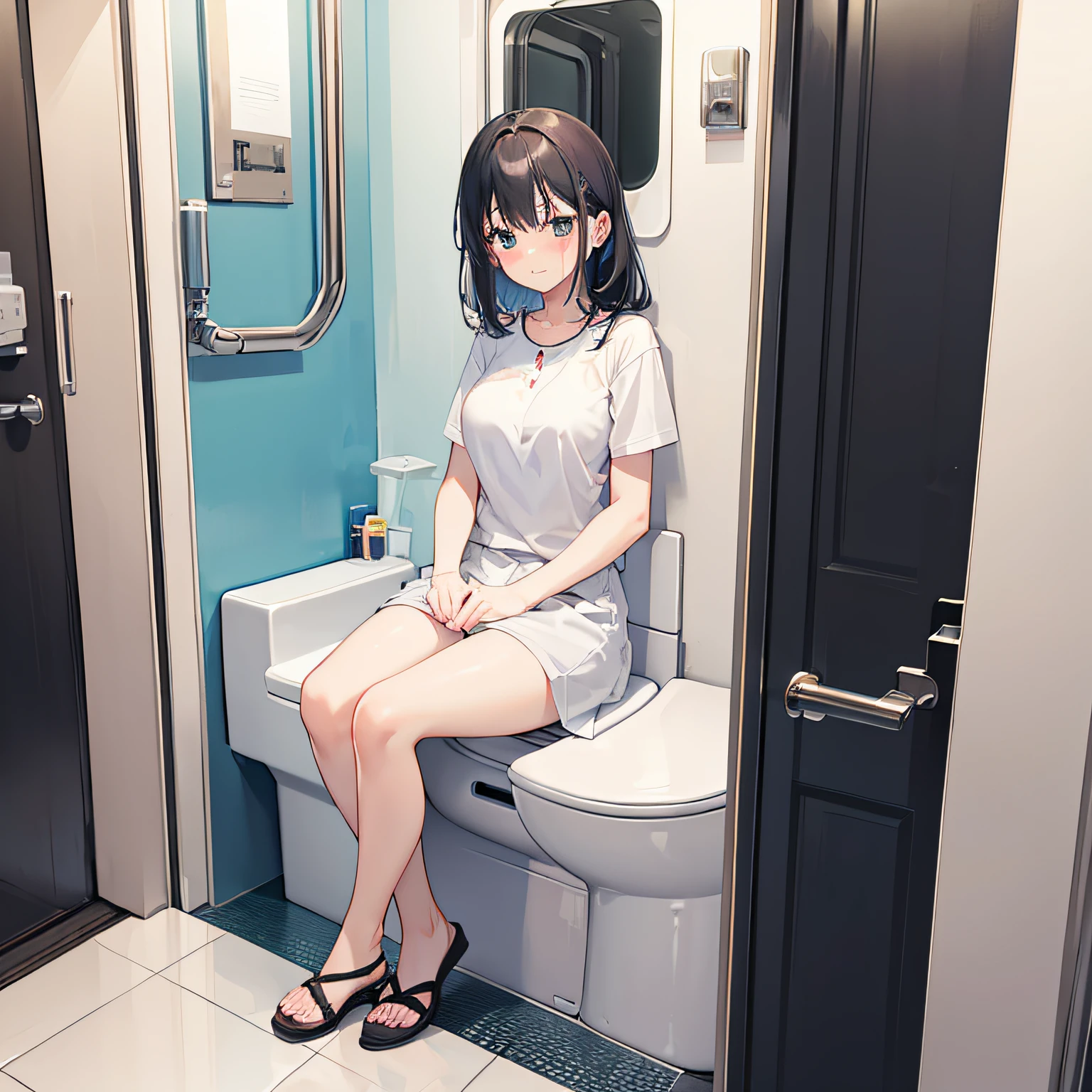 Woman sitting.toilet.toilet compartment.from the outside.Surprised.blushed.White interior.hallway.open the toilet compartment door.Hotel.train hallway
