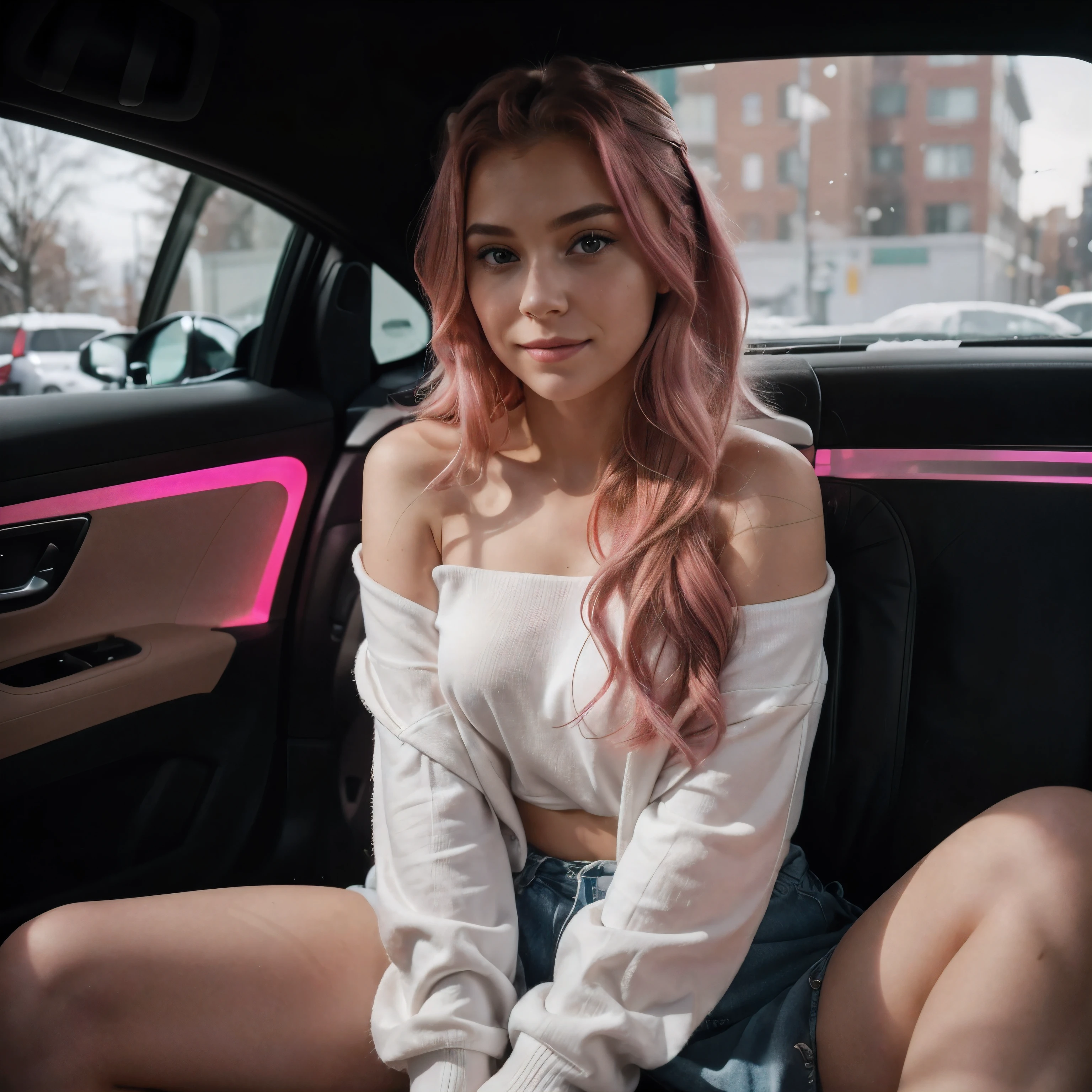 full body portrait of an 18 year old young woman with striking pink hair, she's sitting in a car, mercedes gle class, led strips on the sits, it's frosty outside, shot on kodak gold 400. she has long curly hair that falls in loose on her shoulders. she has a minimal makeup, confident look (smirk). she touches her hair, closee eyes, frozen car windows