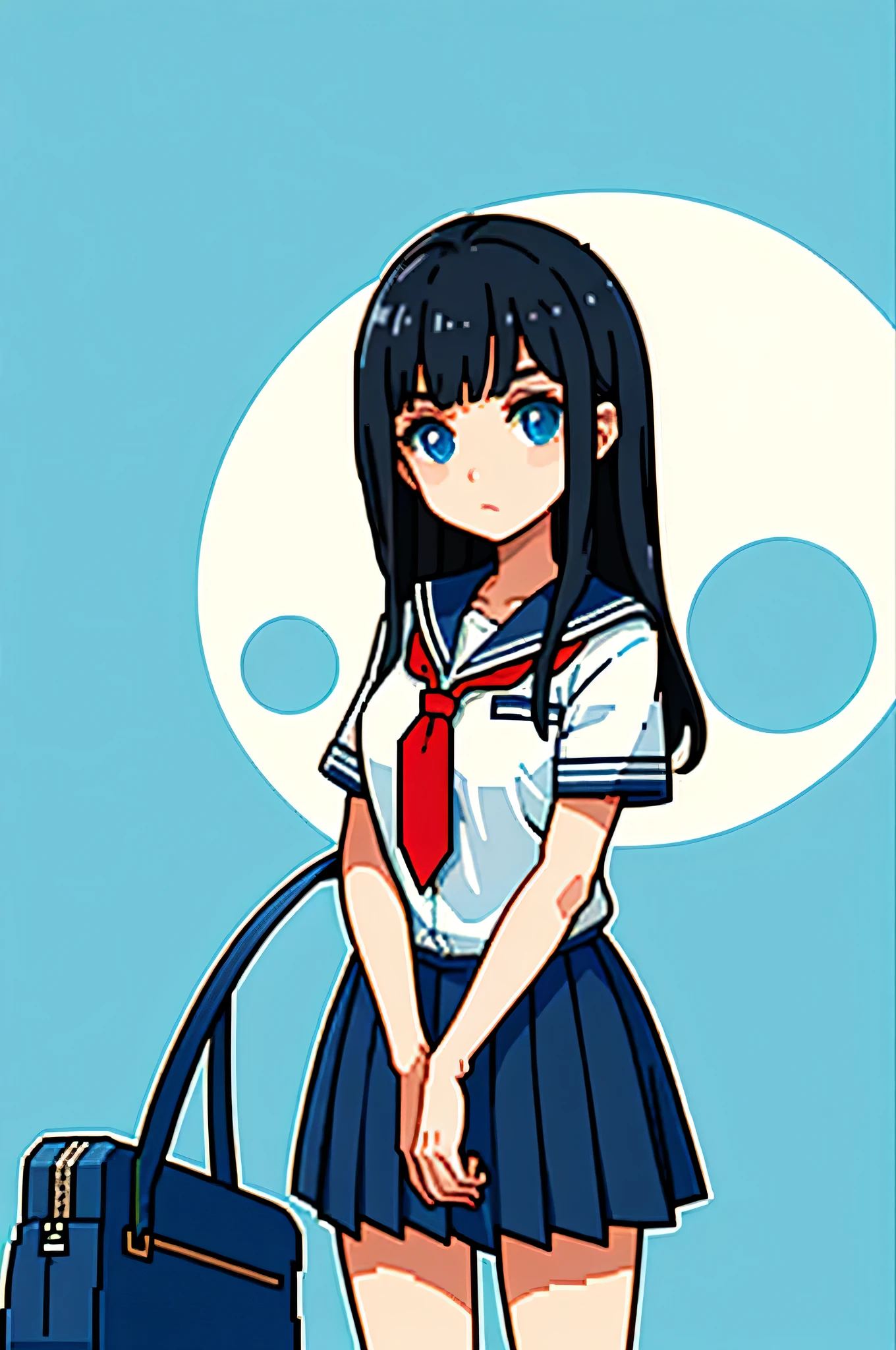 "(Masterpiece, top quality, best quality, bust up), singular pixel art portrait featuring 1 girl with striking blue eyes, long black hair, adorned in a school girl uniform, looking concerned and holding her schoolbag."