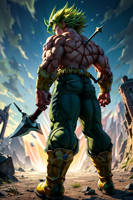 Highly detailed, (masterpiece), best quality, expressive eyes, perfect face, 1man, Long Spiky Raising Hair, Super Saiyan Green hair, green eyes, Bulky Body Builder Masculine body, Green leather Jacket & Jeans, Holding a Gigantic Battle Axe Spear Hammer, combat boots, full body, back view