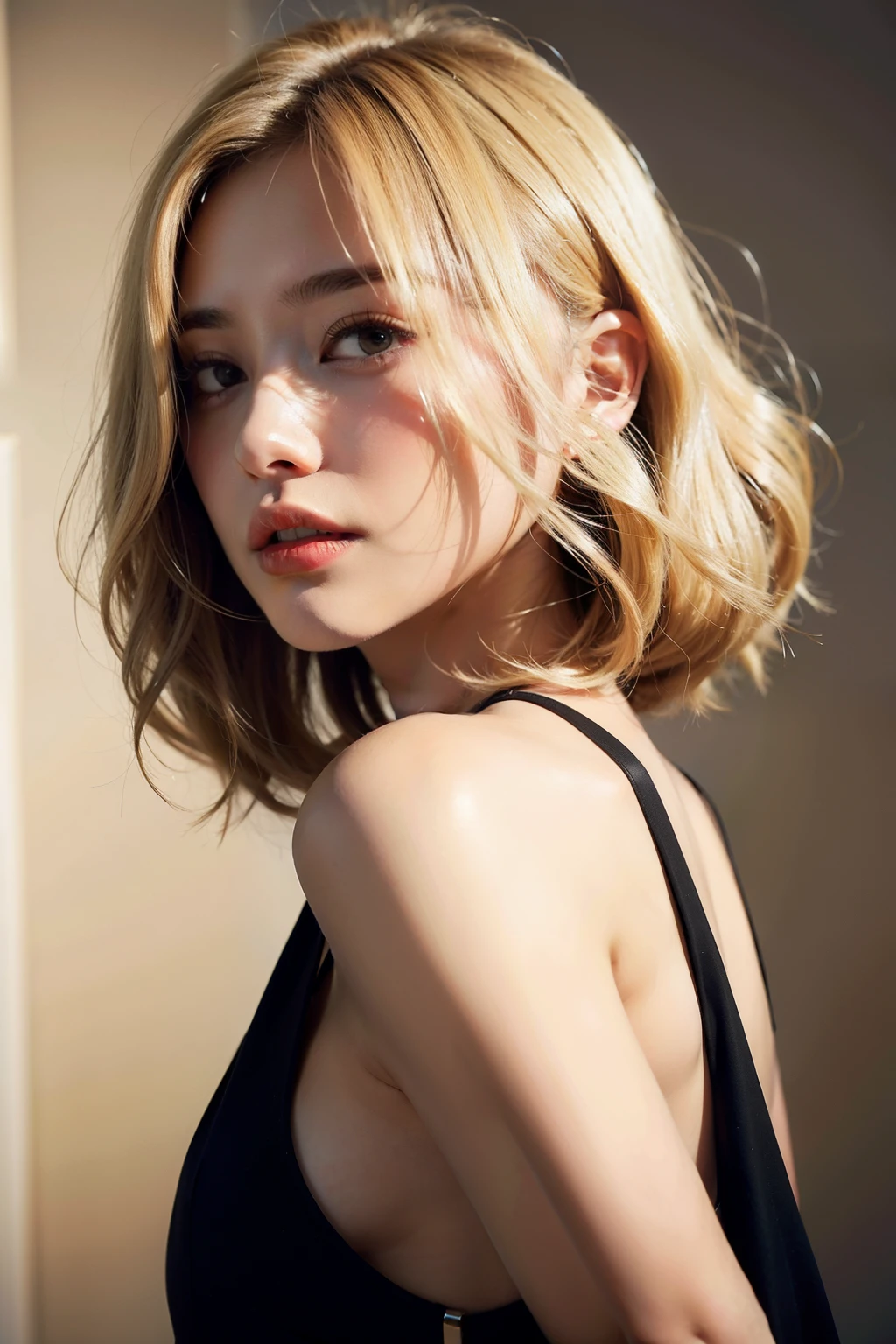((best quality)), ((master part)), (circunstanciado), rosto perfeito
a close up of a woman wearing a black dress, short wavy blond hair, long swept back blond hair, medium long bob, wavy and short top hair, long bob cut, sleek blond hair, blond bob haircut, shoulder - length blonde hair, glamor hairstyle, curly middle part haircut, tousled medium length hair, longer blond hair, long luxurious light blond hair