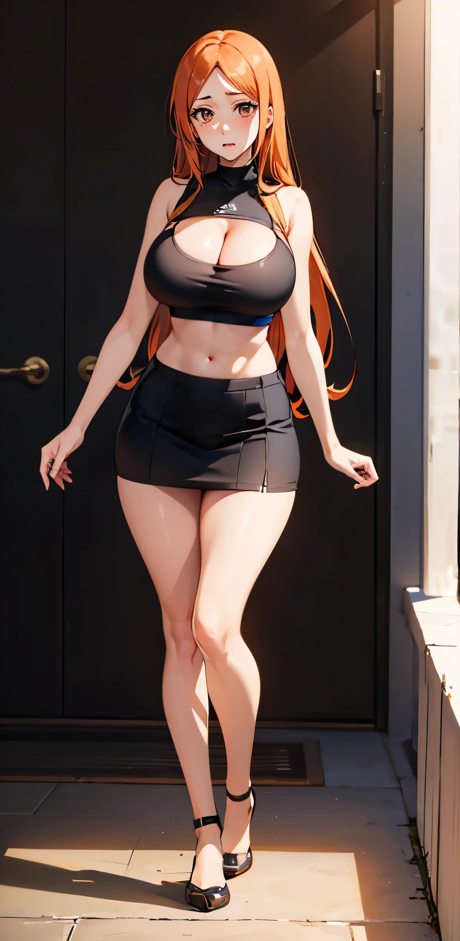 1 girl, inoue orihime, solo, anatomically correct, standing, long straight hair, orange hair, beautiful brown eyes, shy, innocent , blushing, extremely shy, uncontrollably blushing, extreme blushing, large boobs, small waist, wide hips, hourglass figure, Juicy thighs, very juicy thighs, wearing a black short sports bra, micro bra, revealing cleavage, huge cleavage, turtle neck sports bra, bare shoulders, bare arms, black mini skirt, sexy skirt, knees, stockings, stockings in both her legs, stockings squeezing her thighs, sexy pose, 8k, best quality