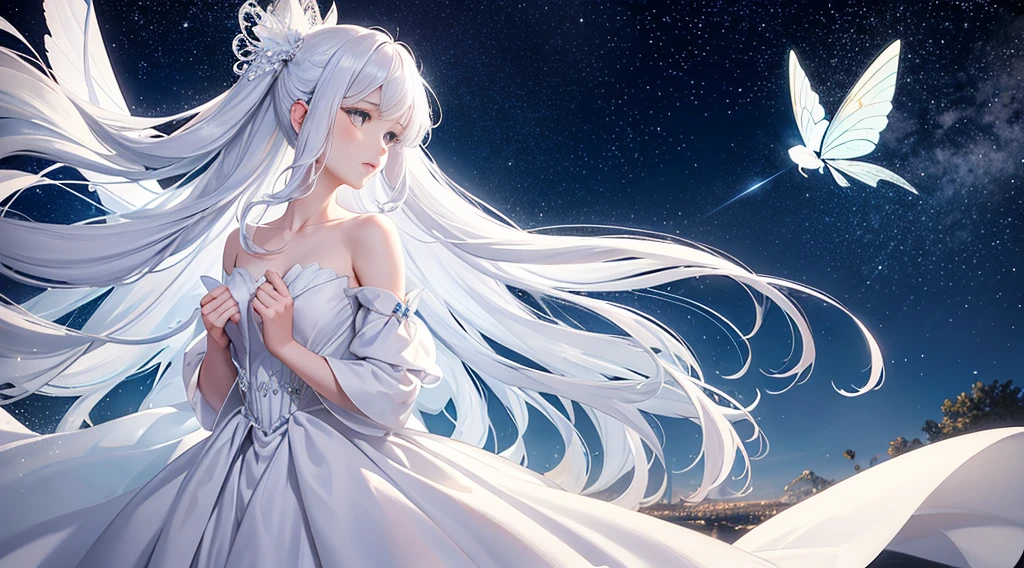 A fairy,White satin tulle gown,White fringed hair ornament,Long white hair,Big chest,Charming side face,A noble gesture,Faraway view,8k,Flying on one leilky Way starry sky background,Fairy spirit fluttering halo,Profile vision