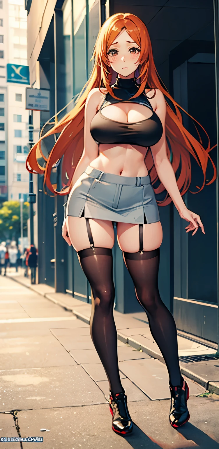 1 girl, inoue orihime, solo, anatomically correct, standing, long straight hair, orange hair, beautiful brown eyes, shy, innocent , blushing, extremely shy, uncontrollably blushing, extreme blushing, large boobs, small waist, wide hips, hourglass figure, Juicy thighs, very juicy thighs, wearing a black short sports bra, micro bra, revealing cleavage, huge cleavage, turtle neck sports bra, bare shoulders, bare arms, black mini skirt, sexy skirt, knees, stockings, stockings in both her legs, stockings squeezing her thighs, sexy pose, 8k, best quality