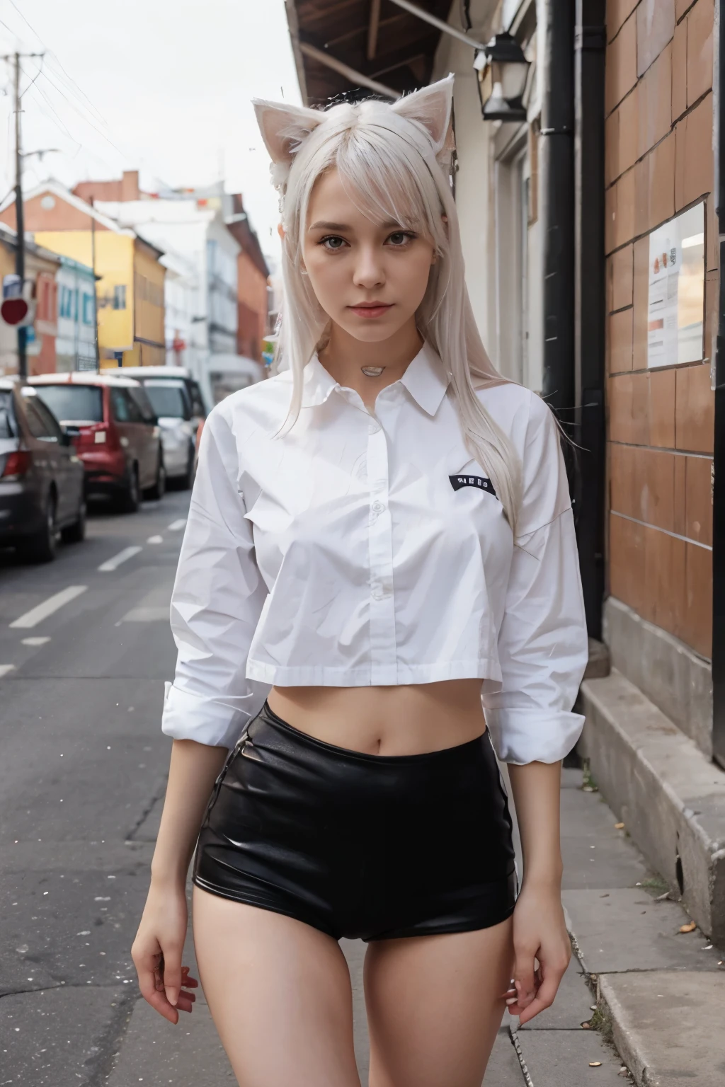 1个Giant Breast Girl, It will be, looking at viewert, White hair, Nothing, Cat ears, a cat tail, white shirt, Open your clothes, russian city, Babaizi