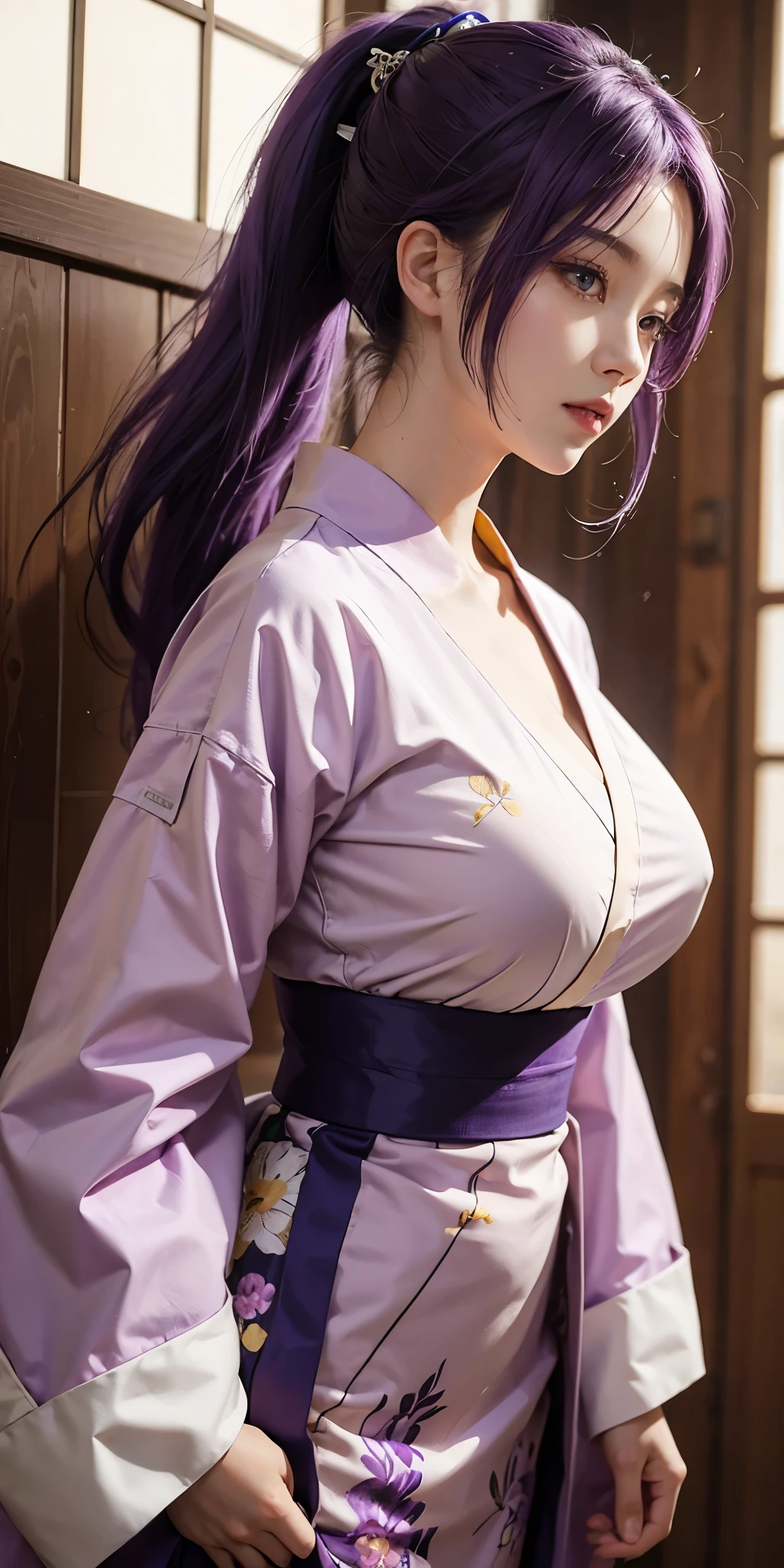 1girl,huge breast, purple hair, ponytail, yellow Japanese clothes, high quality, ultra detailed, masterpiece, realistic