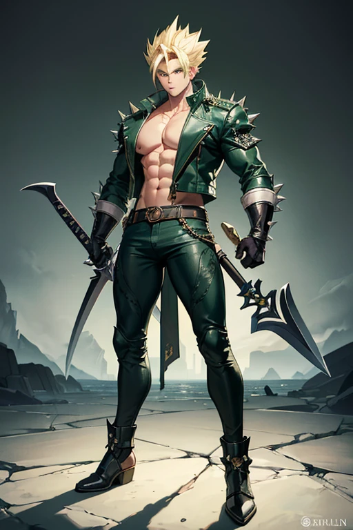 Highly detailed, (masterpiece), best quality, expressive eyes, perfect face, 1man, Long Spiky Raising Hair, Super Saiyan Green hair, green eyes, Bulky Body Builder Masculine body, Green leather Jacket & Jeans, Holding a Gigantic Battle Axe Spear Hammer, combat boots, full body, back view