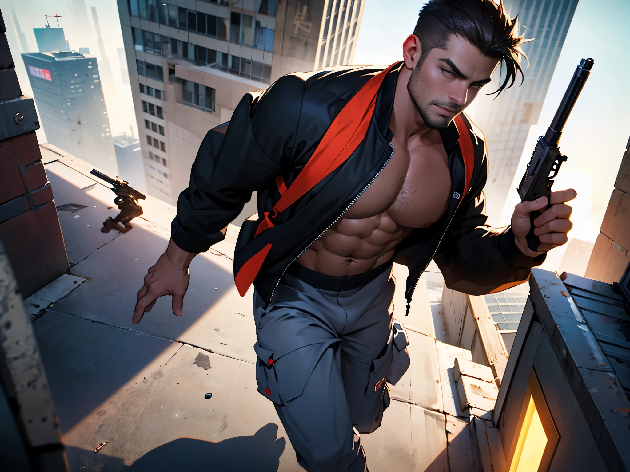 suave secret sniper, muscular man, hunk, charming, attractive, running, a gun in hand, chasing target, on the rooftop of the a skyscraper, revealing chest, secretive, mysterious aura, volumetric lighting, depth of field, best quality