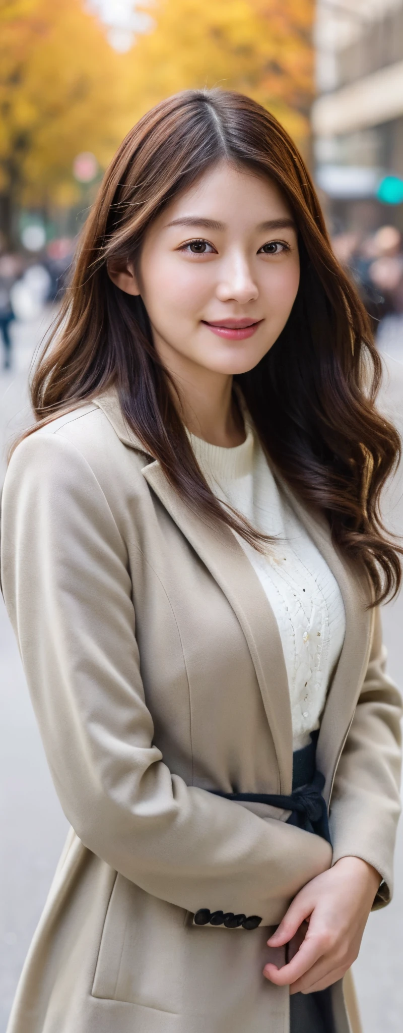 (8k, RAW photos, top quality, masterpiece: 1.2, ultra detailed, super resolution, real photos: 1.37), (Full body photo), 1 noble elegant Japanese lady, (standing contrapposte), winter season, ((winter pale color coodinate, wearing over-size grey coat, winter fluffy skarf, beige long skirt, black tights, wearing long boots)), Shiny, Smile, Looks like 1.8 meters tall, large pelvis, Large breasts, big cuvy hips, Thin waist, Long legs, skin hyper-detail, 20 years old, Perfect face, (Detailed facial features), Wavy hair, Daylight, autumn season, center of street, crowd of people,