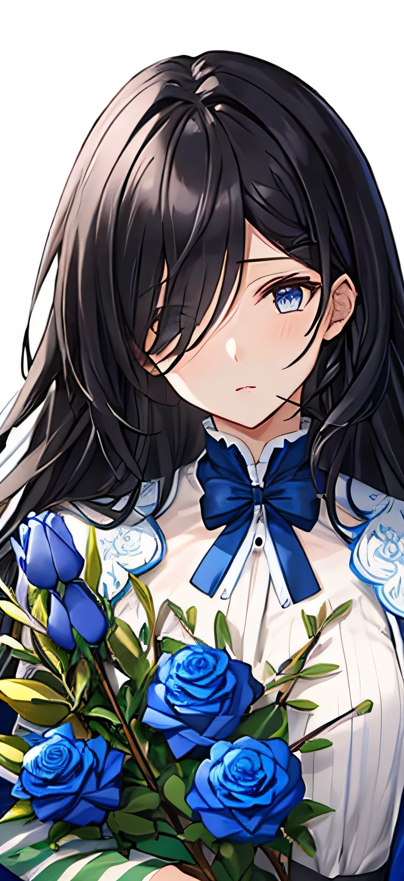 The character has long black hair，Blue and black clothes cover the left eye，Paired with blue roses and rosemary