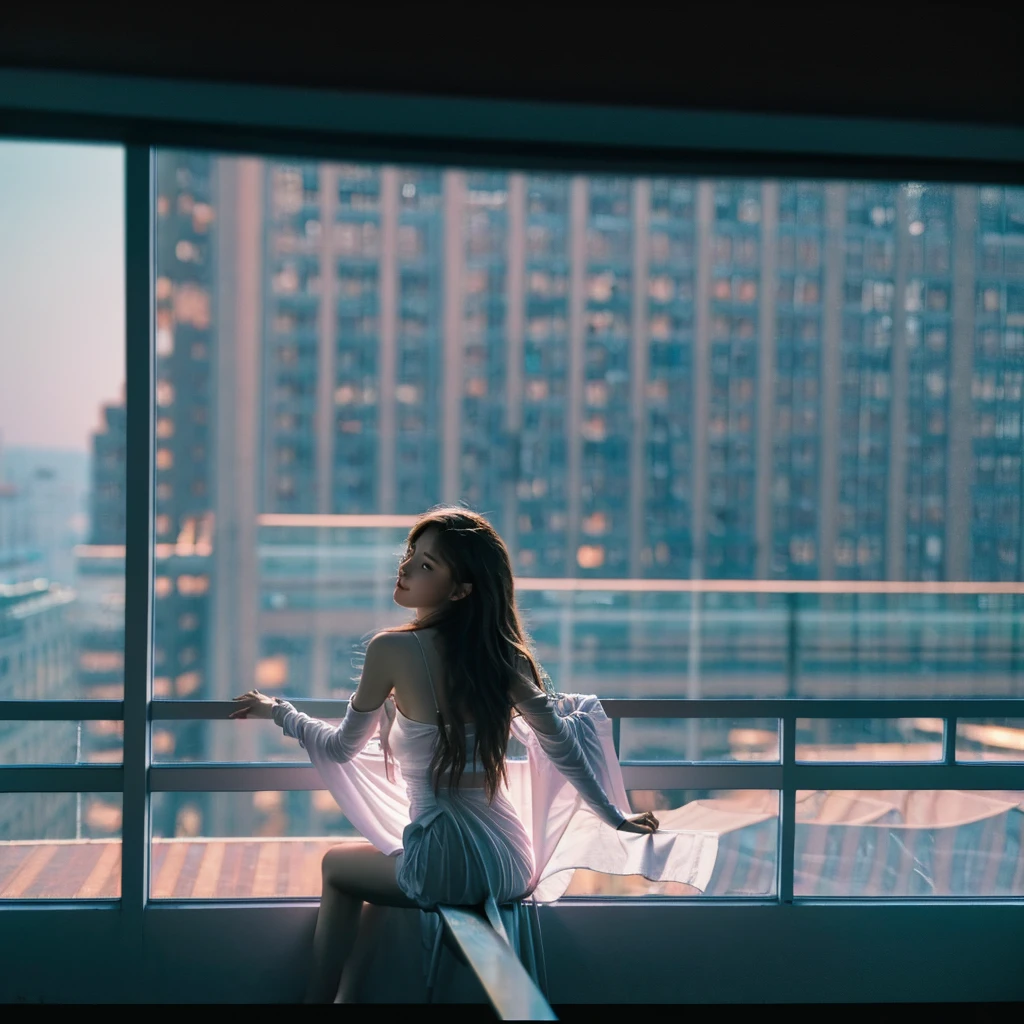 abstract colors, texture, film grain, skin pores, dusty atmospheric haze, vignetting, wrinkles:0.2 intricate hasselblad dslr RAW full-body dramatic portrait photo of a beautiful girl with long (windblown)1.2 hair wearing a sundress, sitting on a ledge overlooking a (scifi solarpunk)1.2 city skyline, dangling legs, foggy morning, (backlit)1.2, (film grain)1.2, coastal atolls