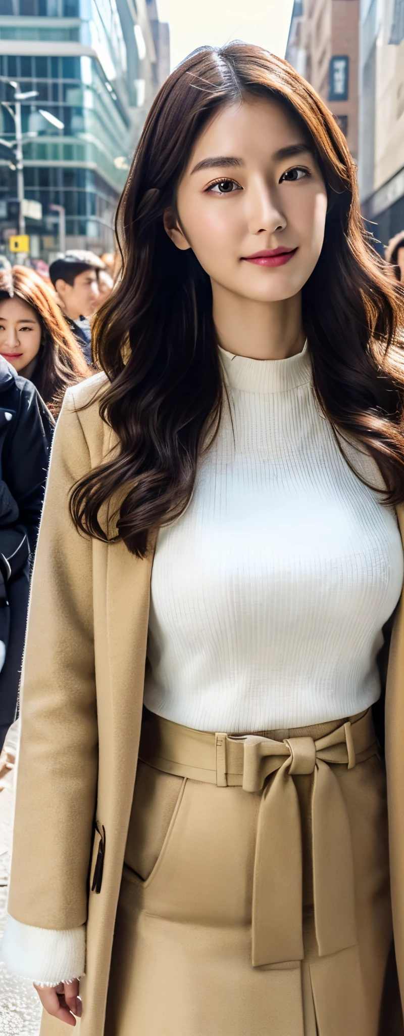 (8k, RAW photos, top quality, masterpiece: 1.2, ultra detailed, super resolution, real photos: 1.37), (Full body photo), 1 noble elegant Japanese lady, (standing contrapposte), winter season, ((black color coodinate, wearing over-size white coat, winter fluffy skarf, beige long skirt, black tights, wearing long boots)), Shiny, Smile, Looks like 1.8 meters tall, large pelvis, Large breasts, big cuvy hips, Thin waist, Long legs, skin hyper-detail, 20 years old, Perfect face, (Detailed facial features), Wavy hair, Daylight, autumn season, center of street, crowd of people,