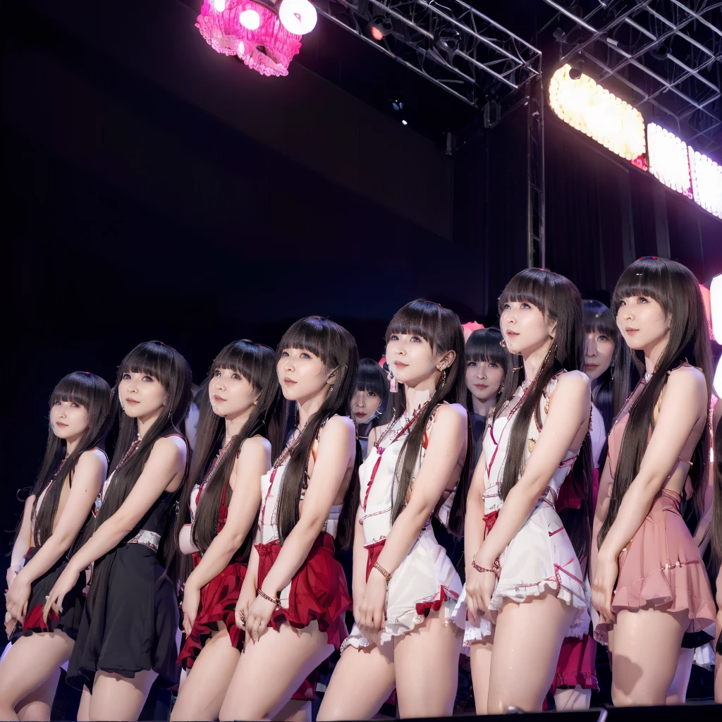 Raw photo、(((multiple girls))),((((6+girls)))),Women only、10 idols singing on stage、************,japanes、((Same height))、The same face,((A dark-haired)),Longhaire