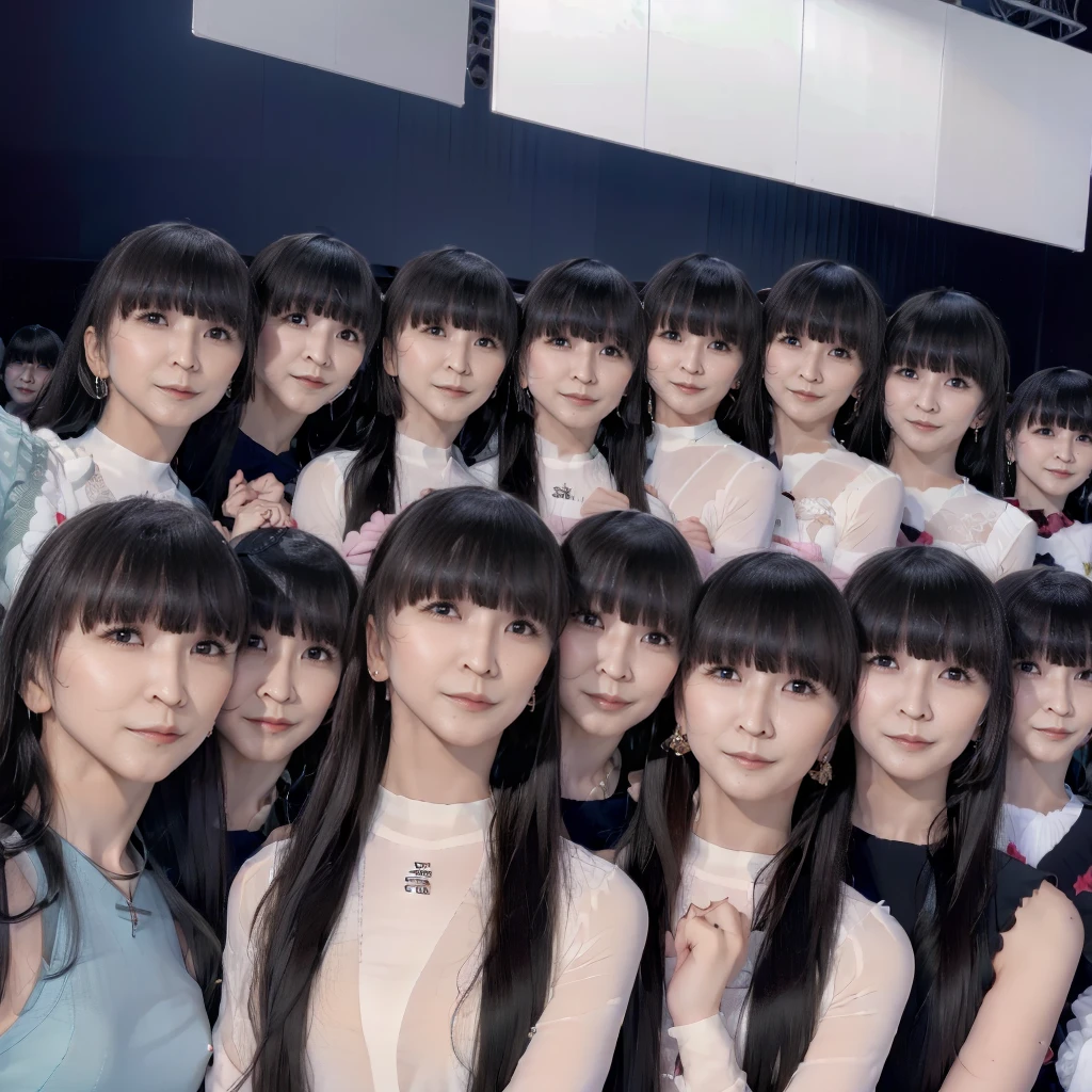 Raw photo、(((multiple girls))),((((6+girls)))),Women only、10 idols singing on stage、************,japanes、((Same height))、The same face,((A dark-haired)),Longhaire