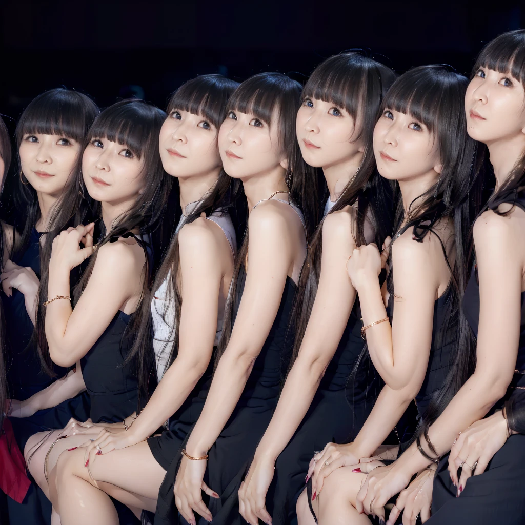 Raw photo、(((multiple girls))),((((6+girls)))),Women only、10 idols singing on stage、,japanes、((Same height))、The same face,((A dark-haired)),Longhaire