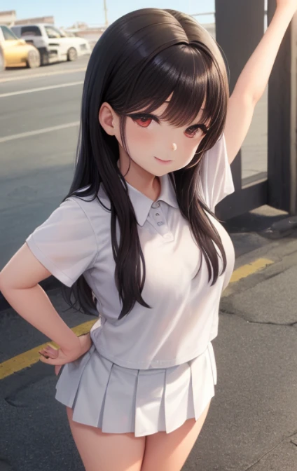 1 Young girls, 独奏, White polo shirt, White sneakers, 
, white mini-skirt, tmasterpiece, Best quality at best, realistically, ultra - detailed, (shiny skins, perspired:1.4), Huang Li, looking at viewert, with short black hair, with brown eye,slenderness,Dynamic light and shadow,A high resolution,Focus sharp,depth of fields,The eyes are delicate,Sharp pupils,student reality,(Bigchest:1.6),(upper legs粗:1.0),luring,sky sky，ultra - detailed，tmasterpiece，Best quality at best，love letter，blush blush，Yazawa Nico,red eyes, On the cheongsam,face flushed,Blunt hair,On the ground, upper legs，chubbiness，ssmile，both hands on hip，Frontal viereet