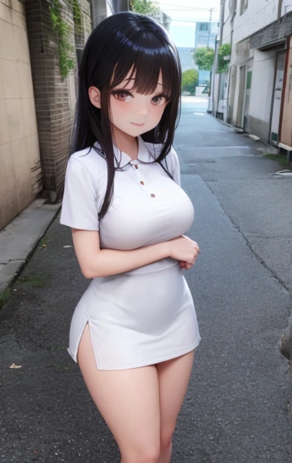 1 Young girls, 独奏, White polo shirt, White sneakers,
, white mini-skirt, tmasterpiece, Best quality at best, realistically, ultra - detailed, (shiny skins, perspired:1.4), Huang Li, looking at viewert, with short black hair, with brown eye,slenderness,Dynamic light and shadow,A high resolution,Focus sharp,depth of fields,The eyes are delicate,Sharp pupils,student reality,(Bigchest:1.6),(upper legs粗:1.0),luring,sky sky,ultra - detailed,tmasterpiece,Best quality at best,love letter,blush blush,Yazawa Nico,red eyes, On the cheongsam,face flushed,Blunt hair,On the ground, upper legs,chubbiness,ssmile,both hands on hip,Frontal viereet,Flower headdress