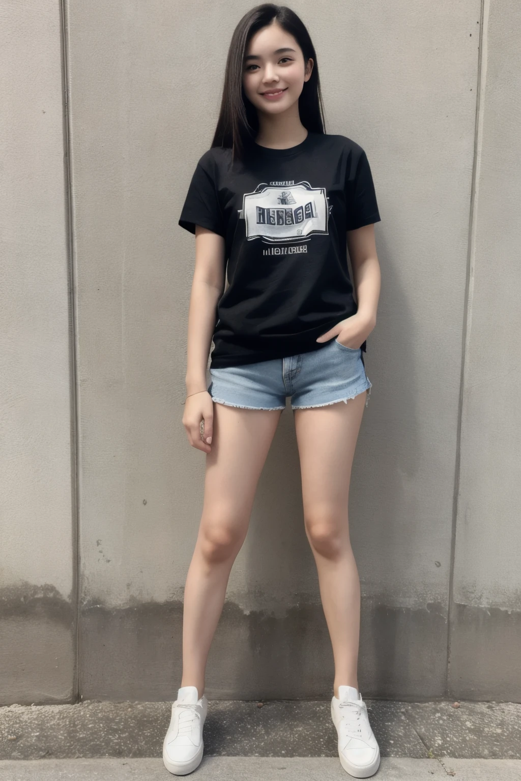 ((best quality)), ((masterpiece)), (detailed), perfect face, young girl, 18 years old, smile, standing pose like a model photography, full body, t-shirts, short pants, sneakers,