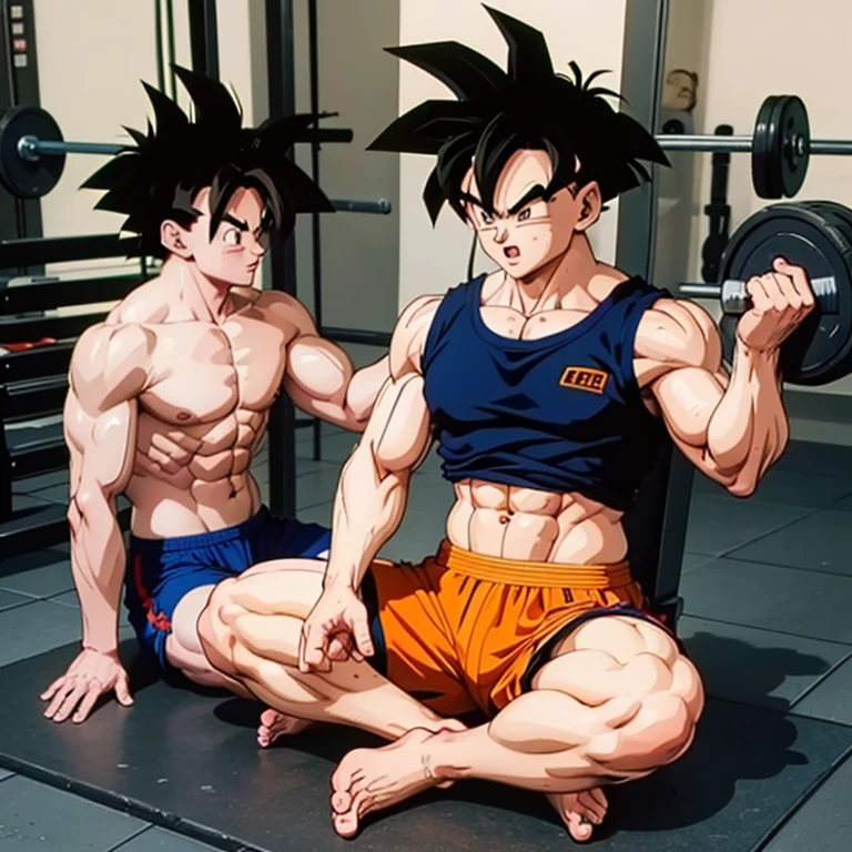 (Eine detaillierte Zeichnung von Son Goku, bodybuilding gym.), shirtless, barefoot