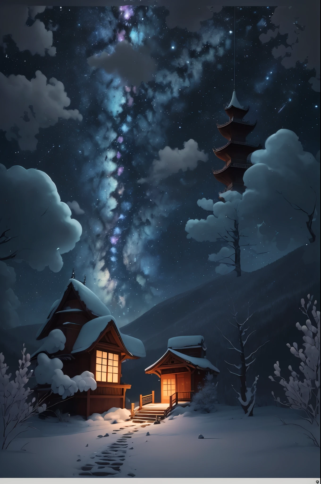 Gilt illustration style，There is a vaguely Chinese-style hall on the top of the mountain.，The main hall only takes up a small part of the screen，Above the main hall is the blue starry sky --auto --s2