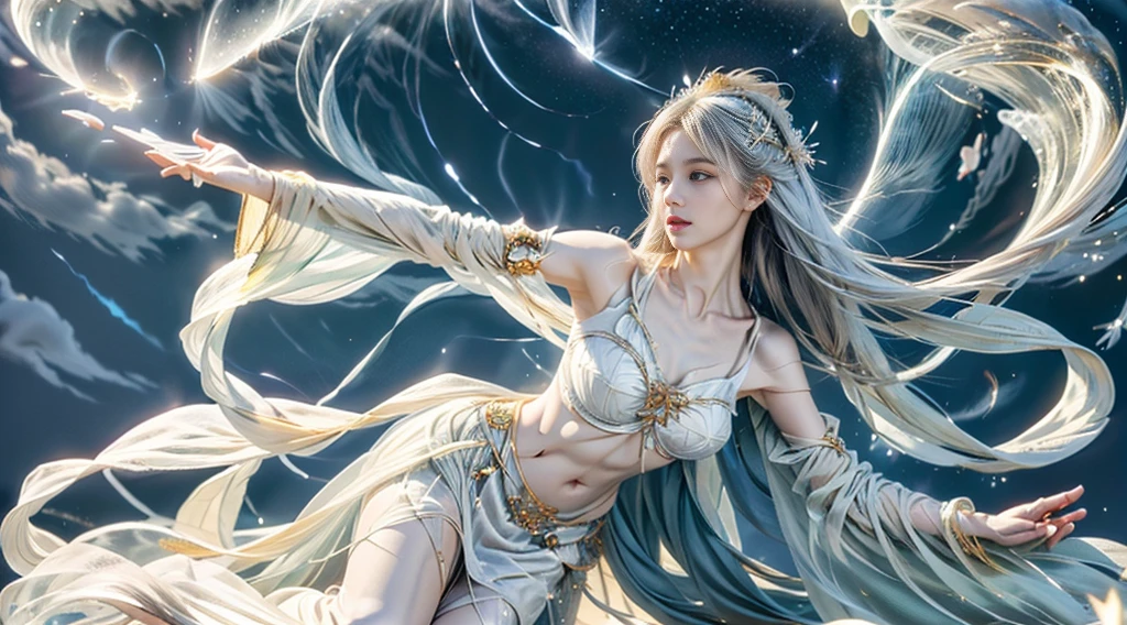 A fairy,White satin tulle gown,White fringed hair ornament,Long white hair,Big chest,Charming side face,A noble gesture,Faraway view,8k,Flying on one leilky Way starry sky background,Fairy spirit fluttering halo,Profile vision