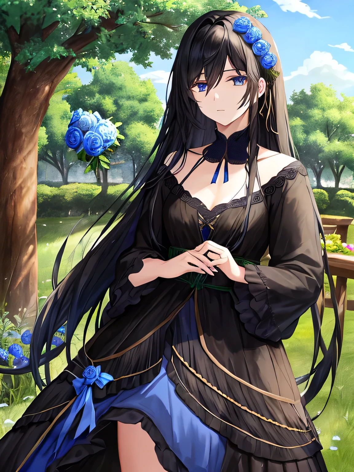 The character has long black hair,Blue and black clothes cover the left eye,Paired with blue roses and rosemary,There is an old tree in the background